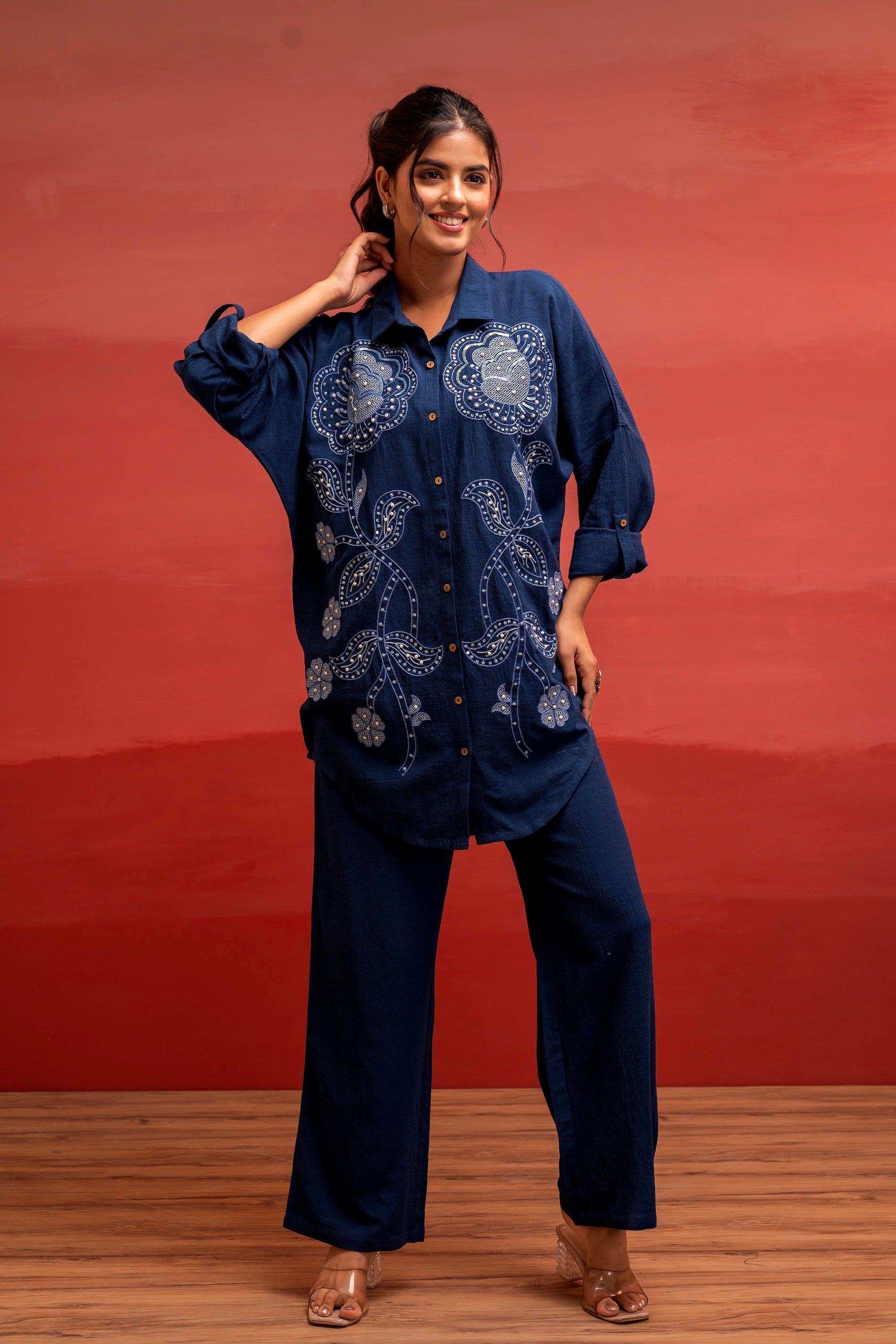 Viscose Linen Indigo Embroidered Shirt and Pant Co-Ord Set with Thread