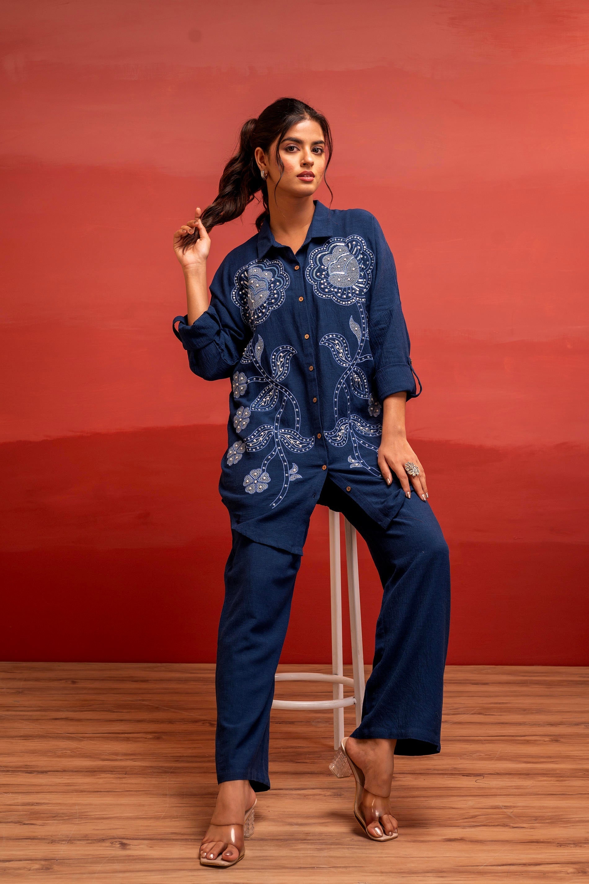 Viscose Linen Indigo Embroidered Shirt and Pant Co-Ord Set with Thread