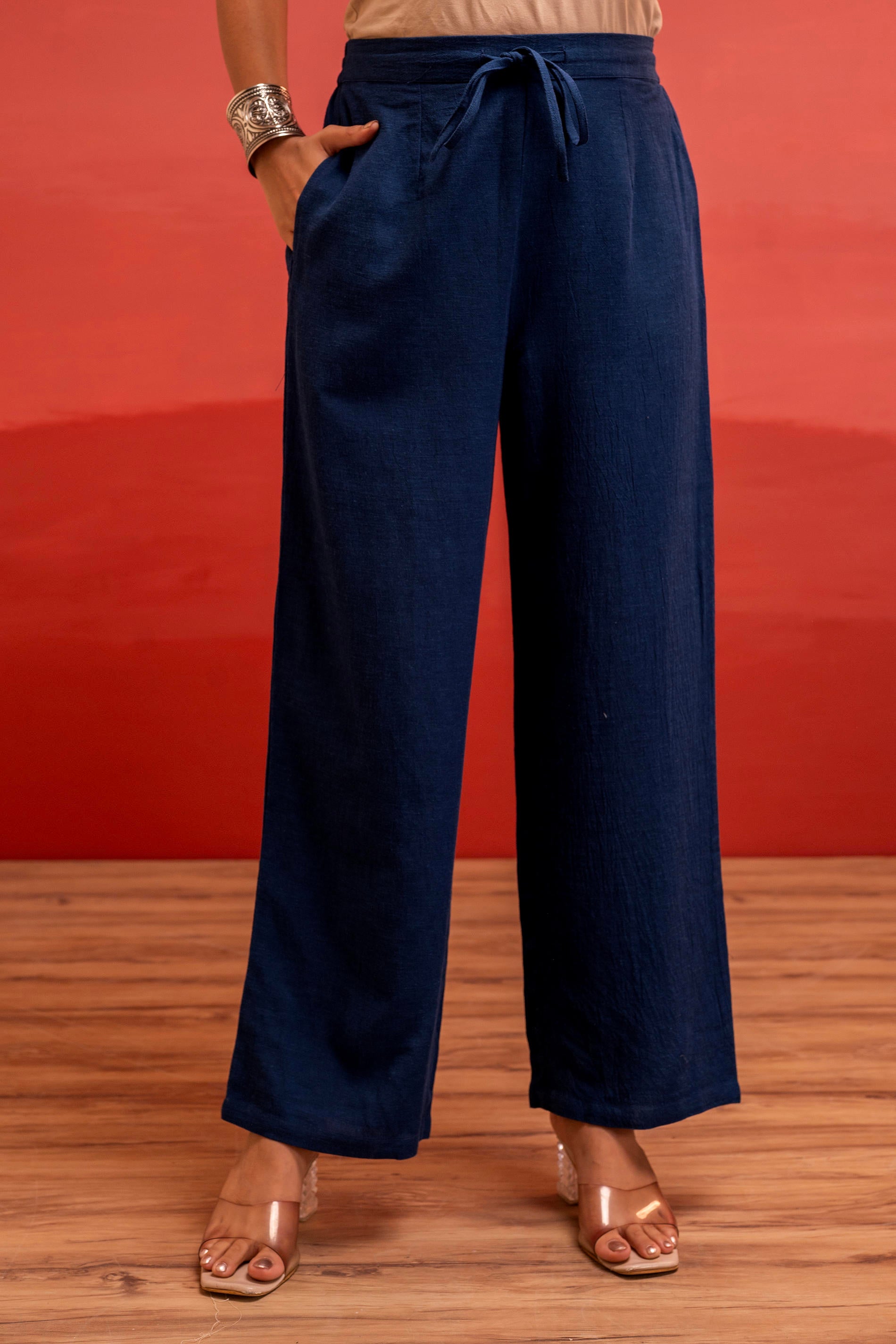 Viscose Linen Indigo Embroidered Shirt and Pant Co-Ord Set with Thread
