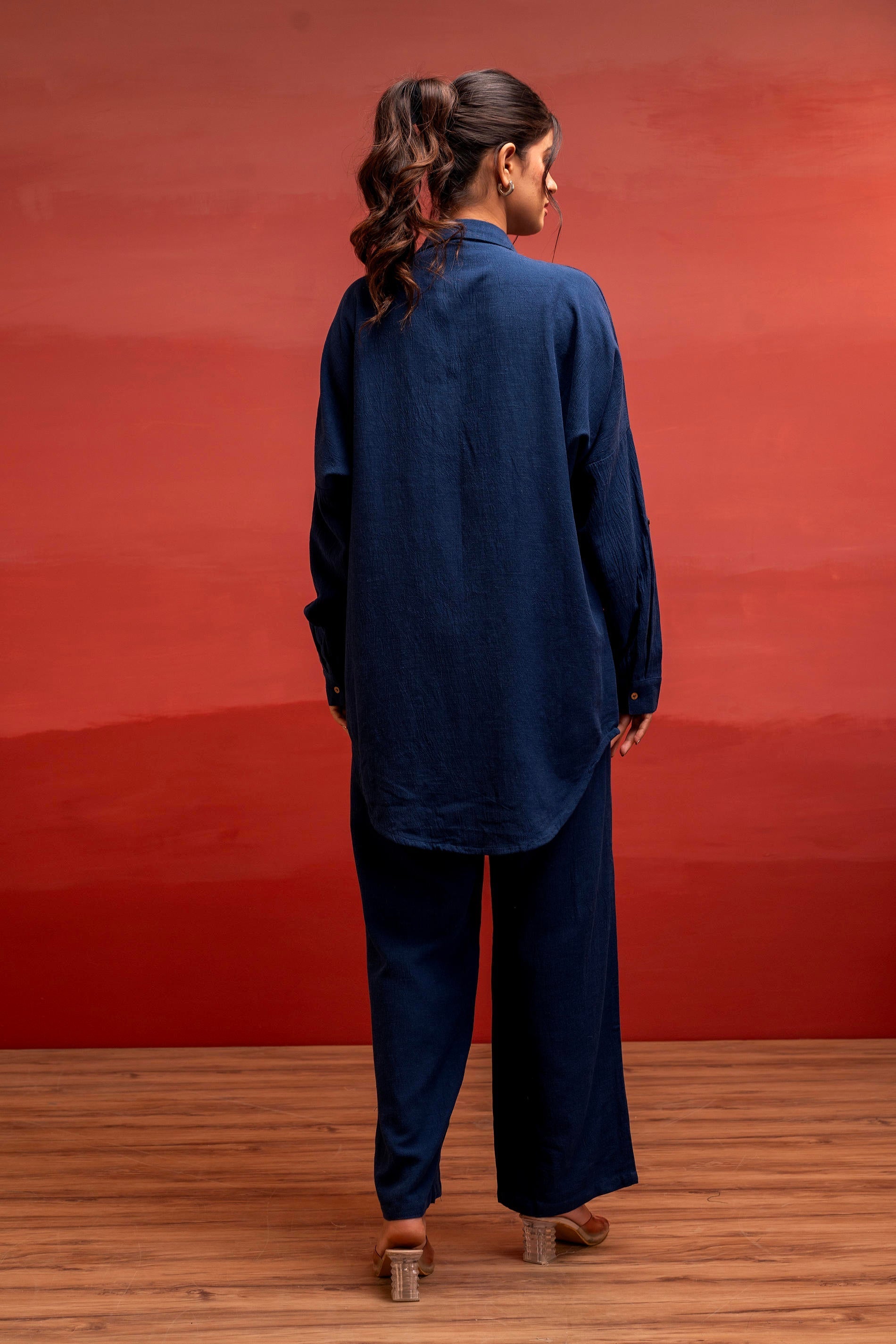 Viscose Linen Indigo Embroidered Shirt and Pant Co-Ord Set with Thread