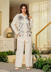 Off-White Embroidered Viscose-Linen Co-ord Set with Bead & Thread Work