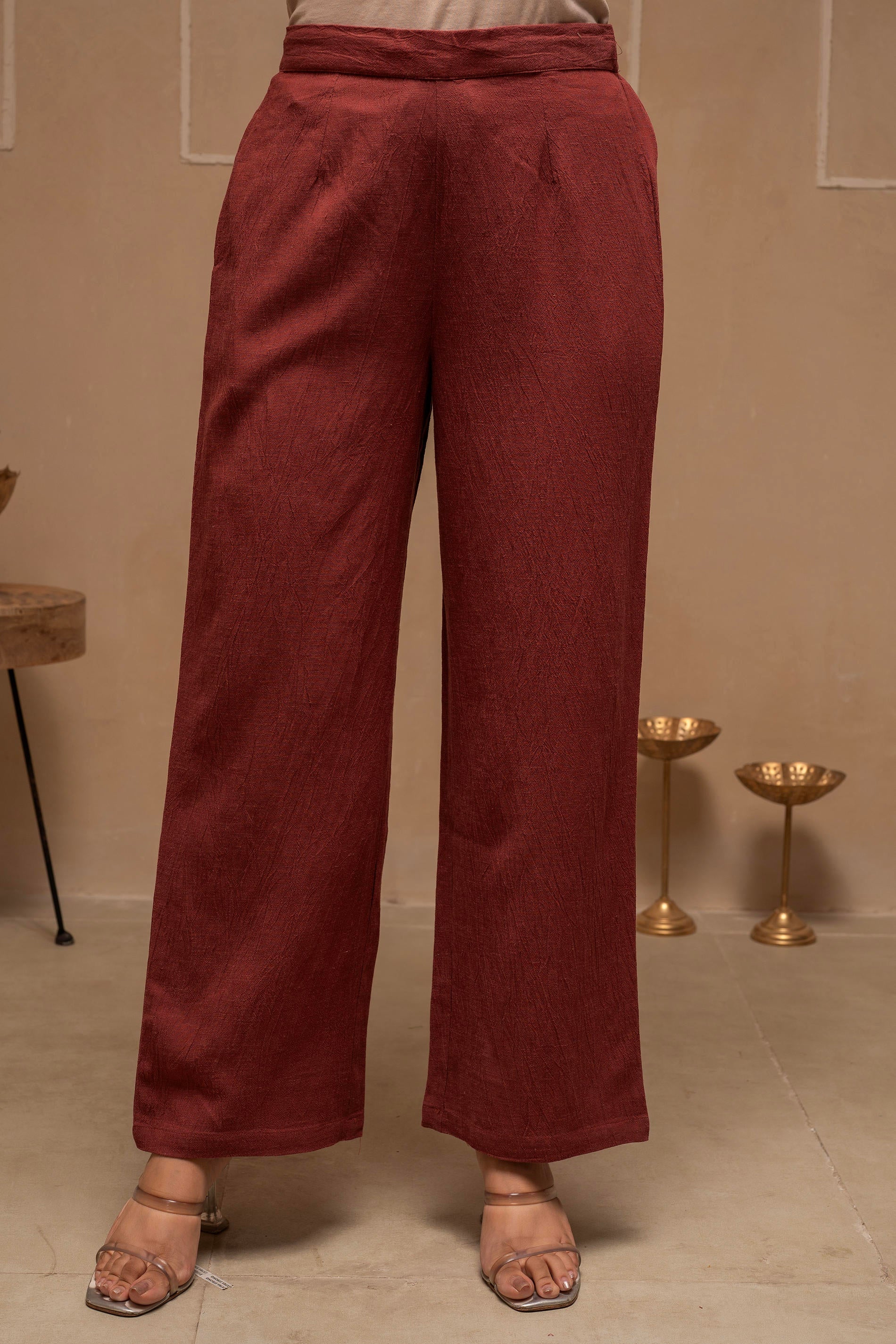 Brown Embellished Viscose-Linen Co-ord Set with Sequin Detailing | Des