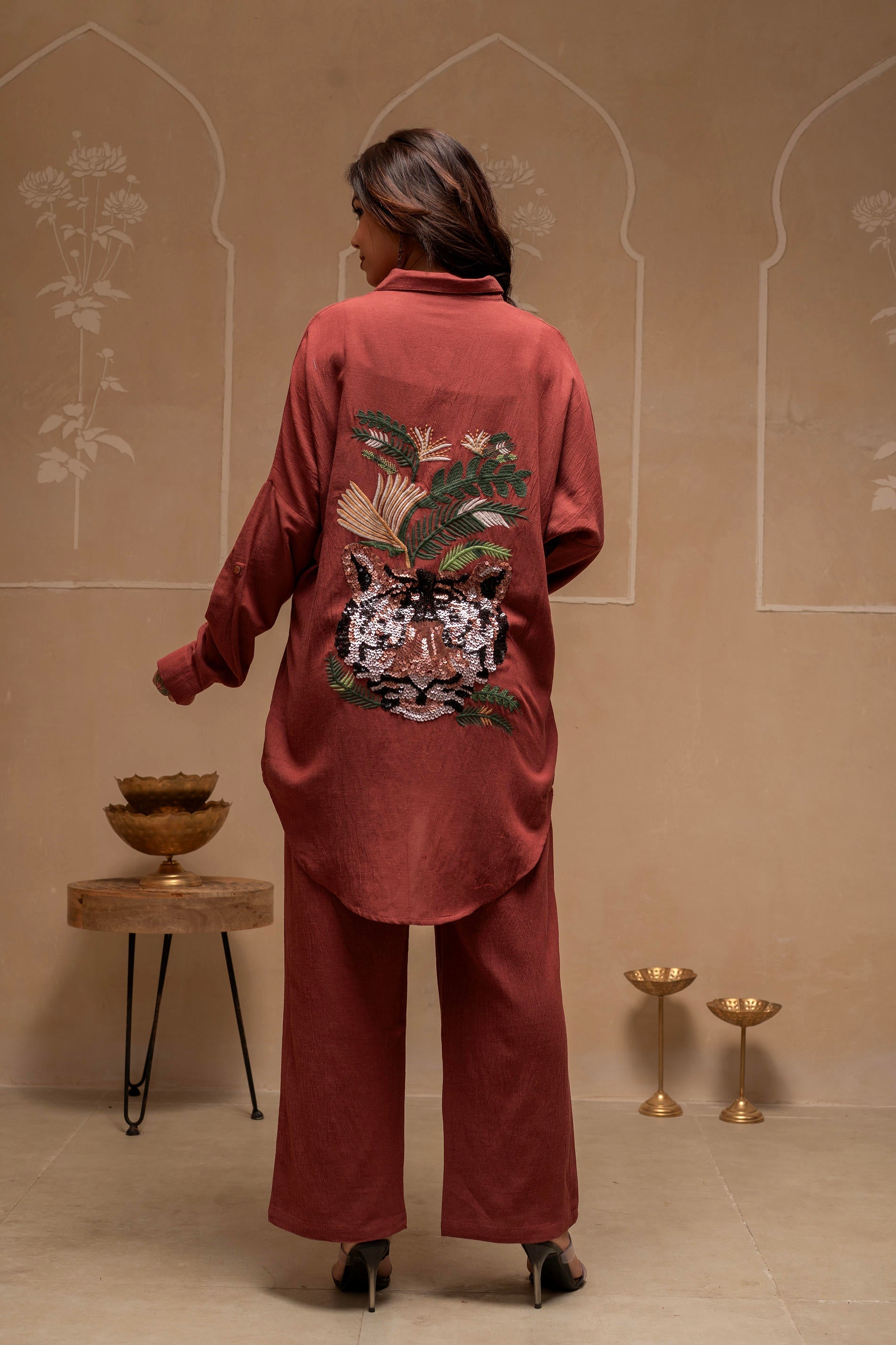 Brown Embellished Viscose-Linen Co-ord Set with Sequin Detailing | Des