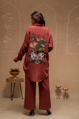 Brown Embellished Viscose-Linen Co-ord Set with Sequin Detailing