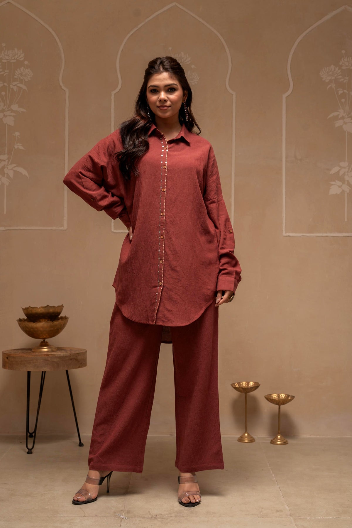 Brown Embellished Viscose-Linen Co-ord Set with Sequin Detailing