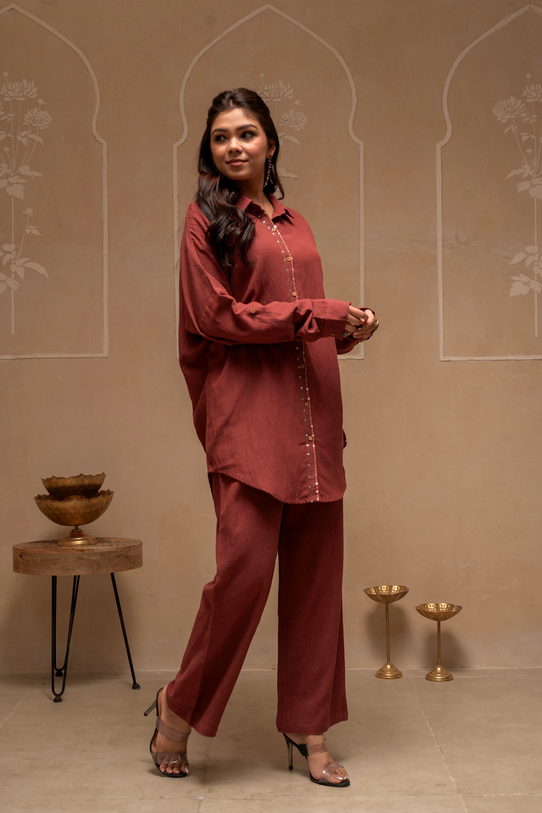 Brown Embellished Viscose-Linen Co-ord Set with Sequin Detailing | Des