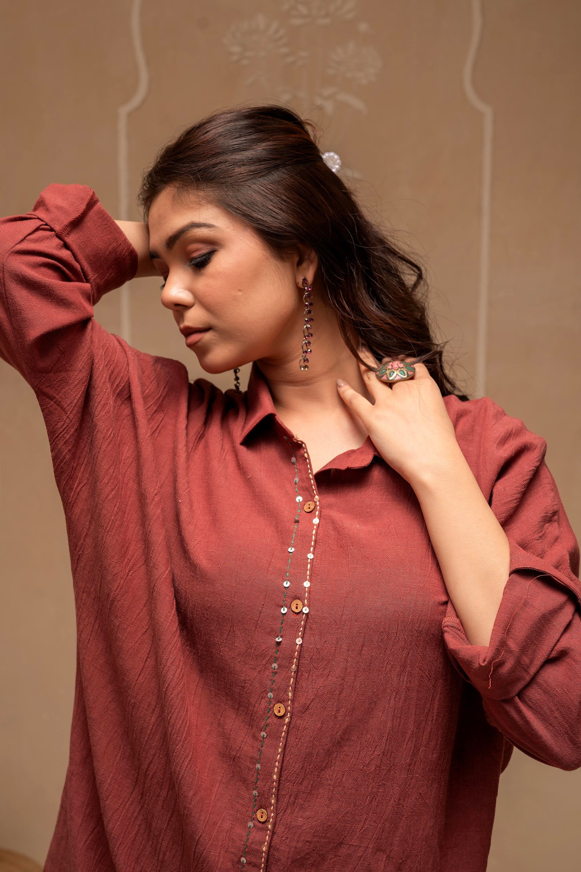 Brown Embellished Viscose-Linen Co-ord Set with Sequin Detailing | Des