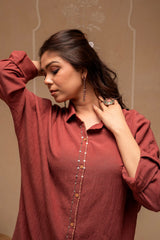 Brown Embellished Viscose-Linen Co-ord Set with Sequin Detailing