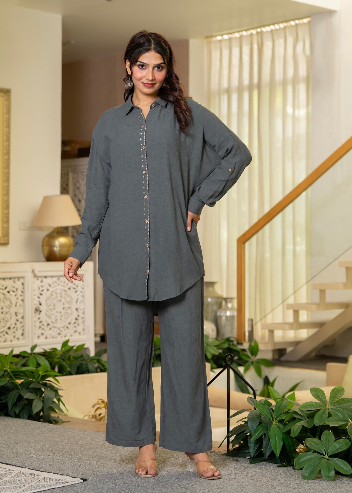 Grey Embellished Viscose-Linen Co-ord Set with Sequin Detailing