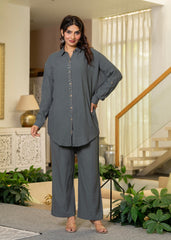 Grey Embellished Viscose-Linen Co-ord Set with Sequin Detailing