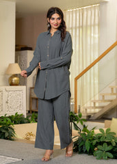 Grey Embellished Viscose-Linen Co-ord Set with Sequin Detailing