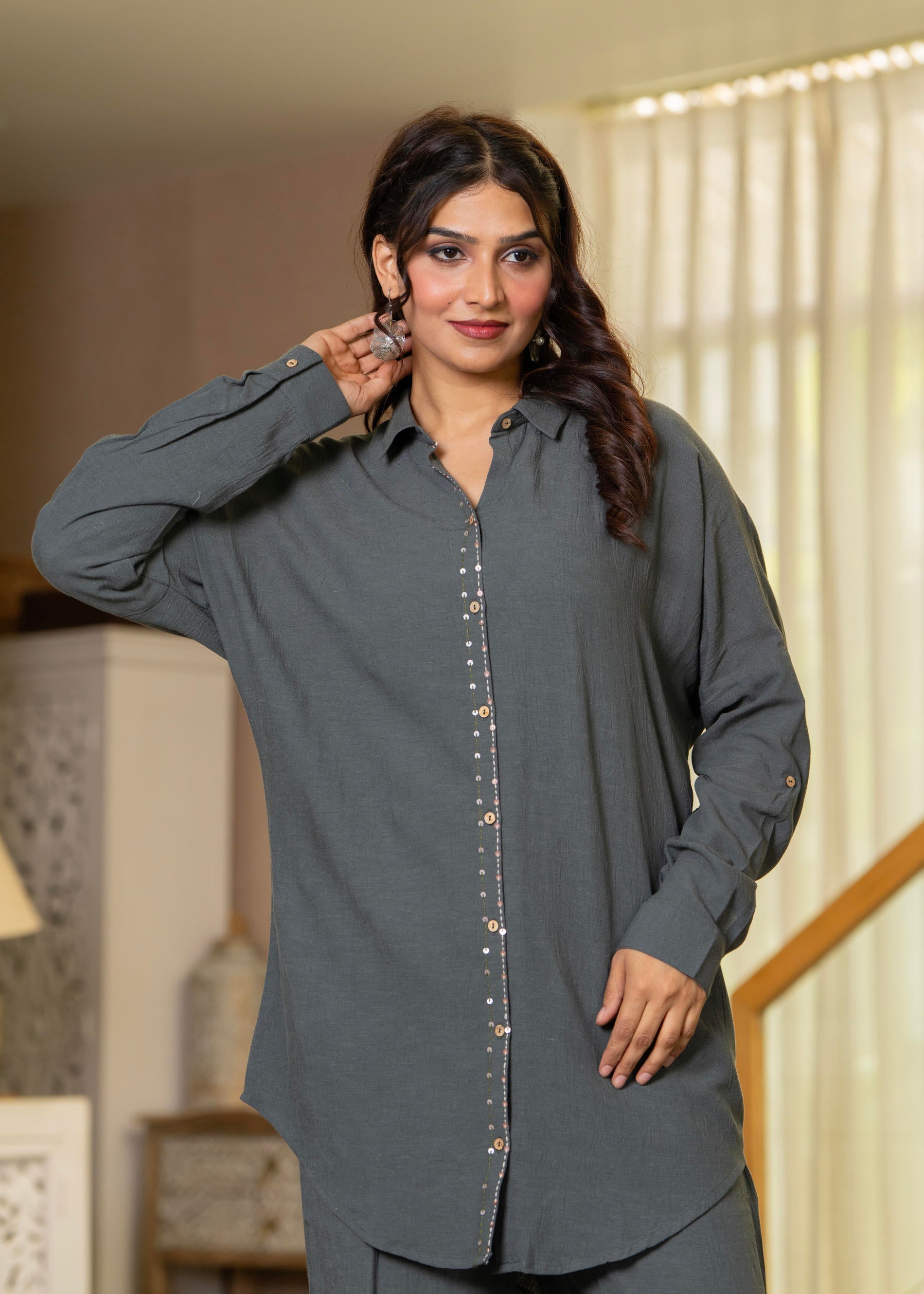 Grey Embellished Viscose-Linen Co-ord Set with Sequin Detailing | Desi