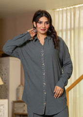 Grey Embellished Viscose-Linen Co-ord Set with Sequin Detailing