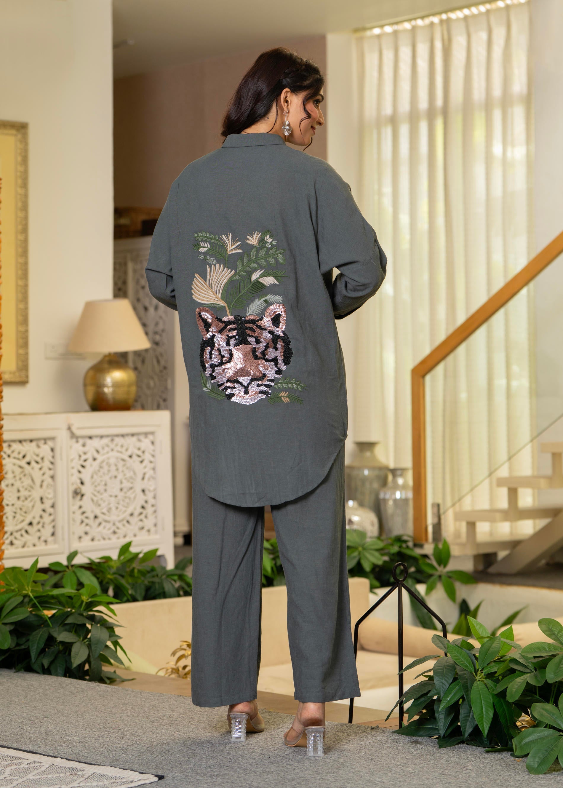 Grey Embellished Viscose-Linen Co-ord Set with Sequin Detailing | Desi