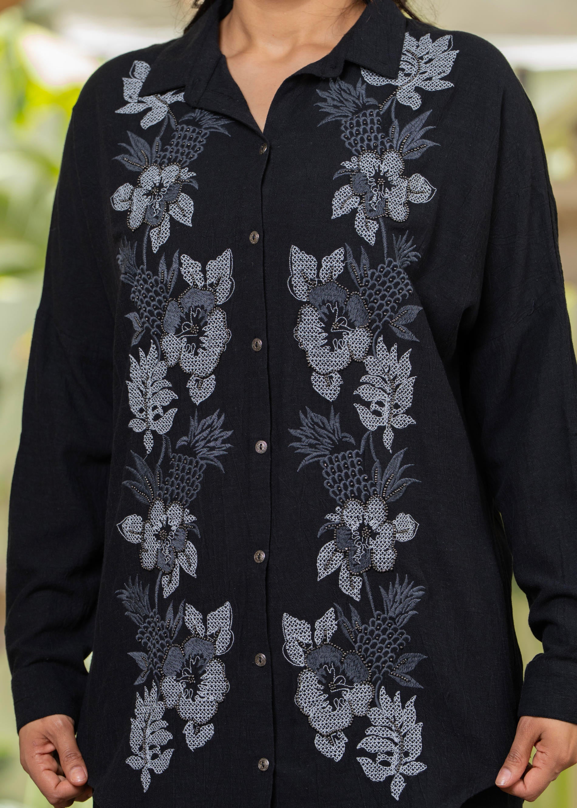 Viscose Linen Black Embroidered Shirt and Pant Co-Ord Set with Thread 