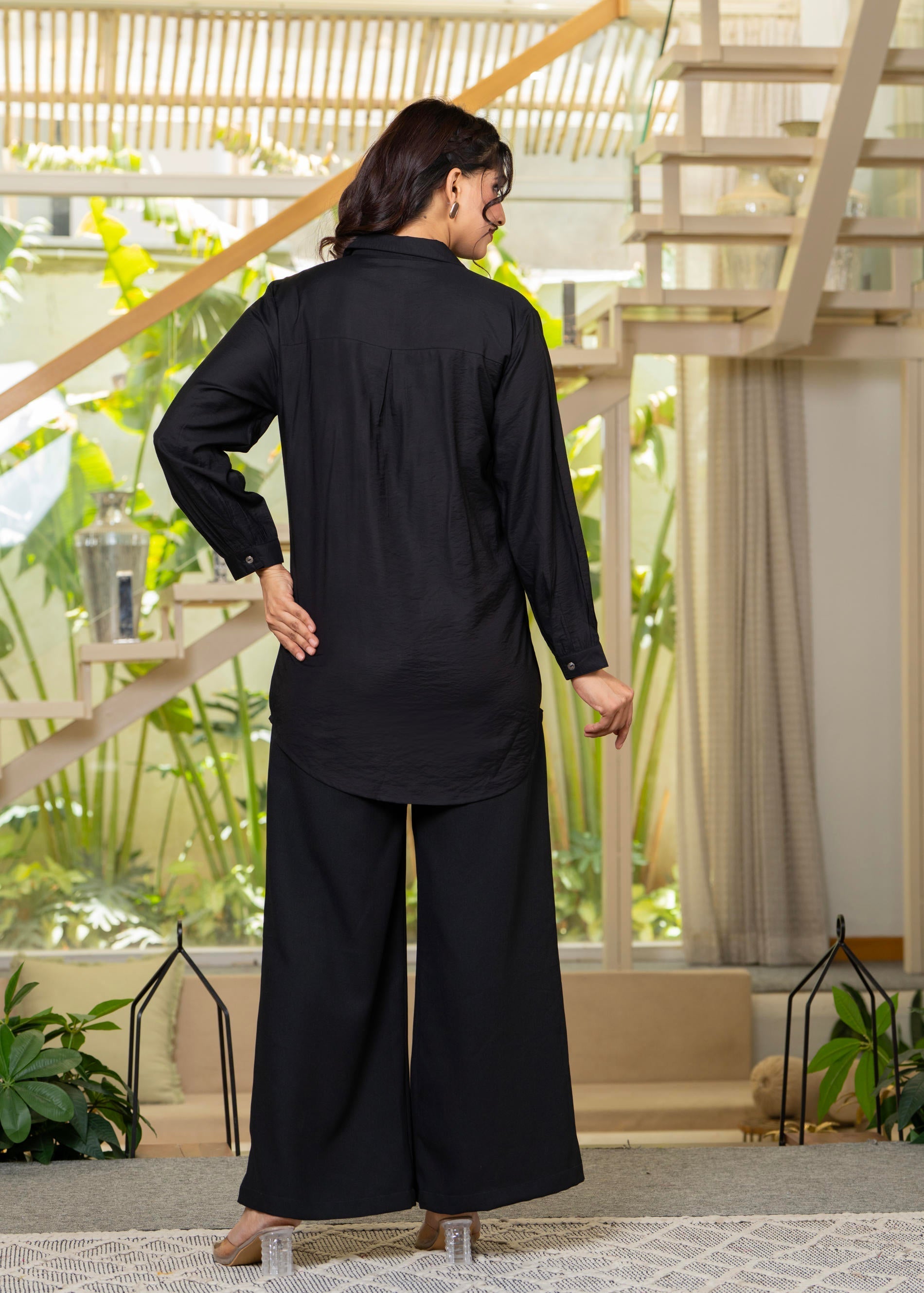 Viscose Linen Black Embroidered Shirt and Pant Co-Ord Set with Thread 