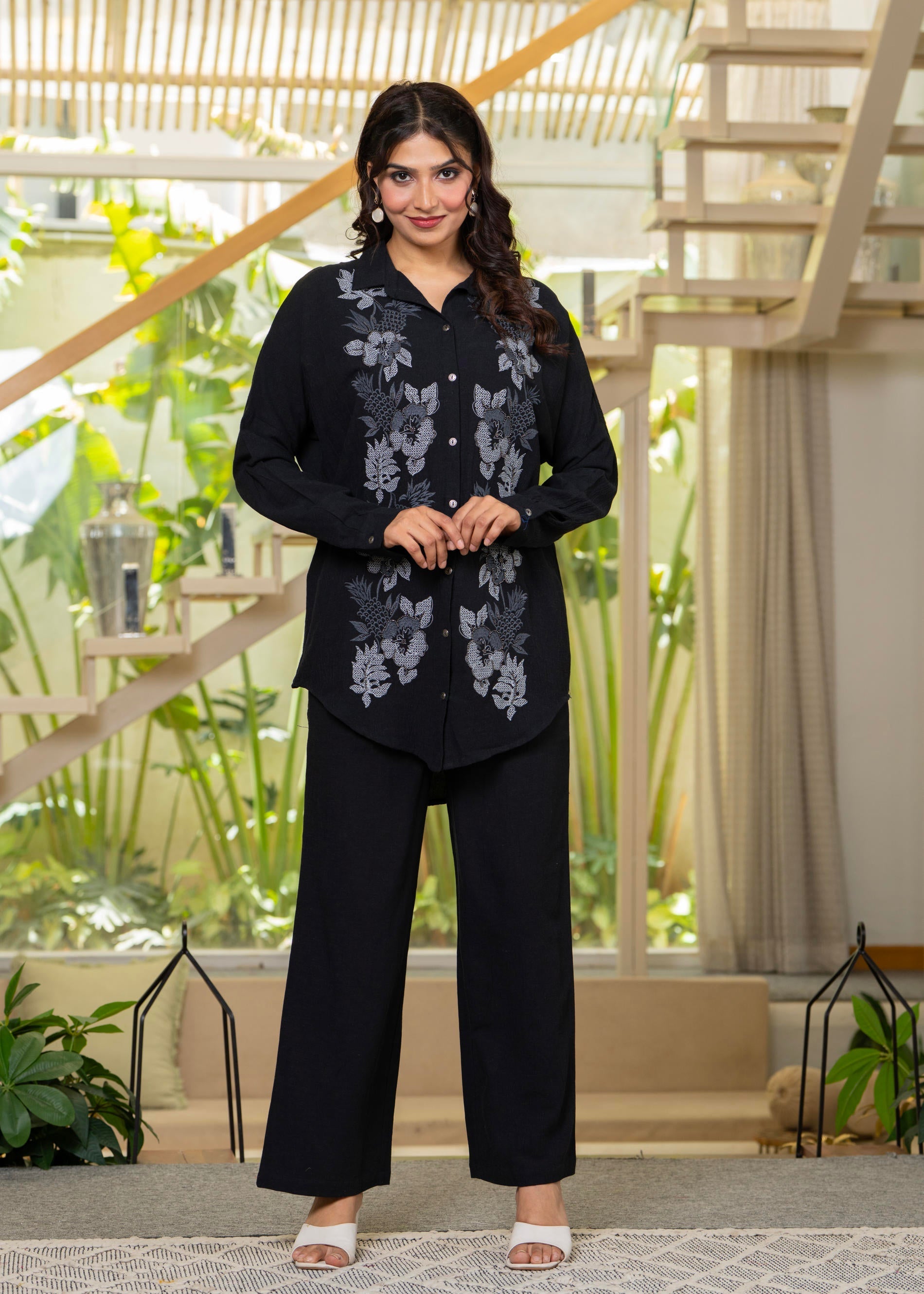 Viscose Linen Black Embroidered Shirt and Pant Co-Ord Set with Thread 