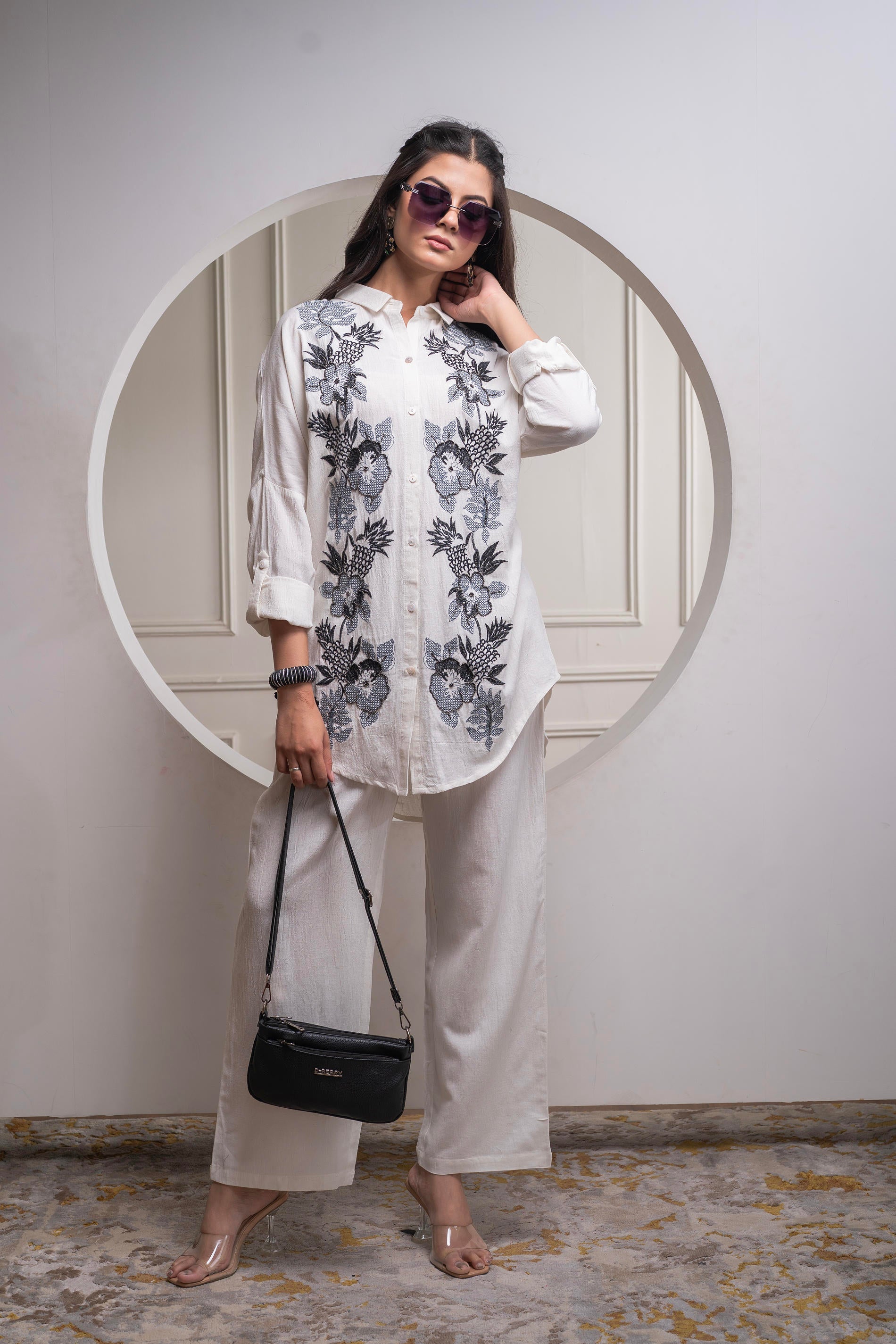 Viscose Linen Off White Embroidered Shirt and Pant Co-Ord Set with Thr