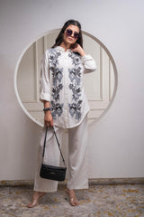 Viscose Linen Off White Embroidered Shirt and Pant Co-Ord Set with Thread Work