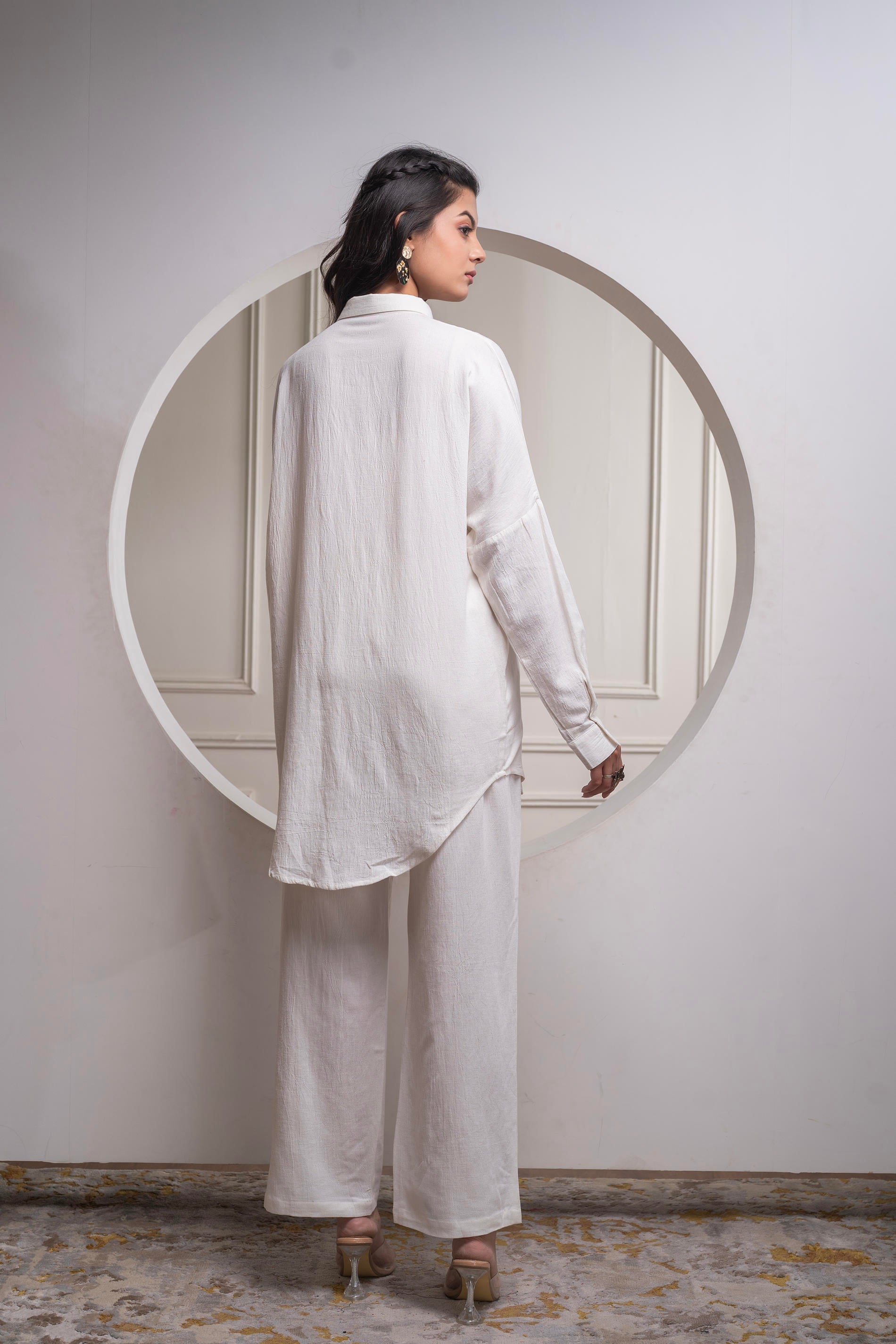 Viscose Linen Off White Embroidered Shirt and Pant Co-Ord Set with Thr
