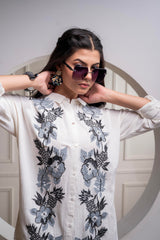 Viscose Linen Off White Embroidered Shirt and Pant Co-Ord Set with Thread Work