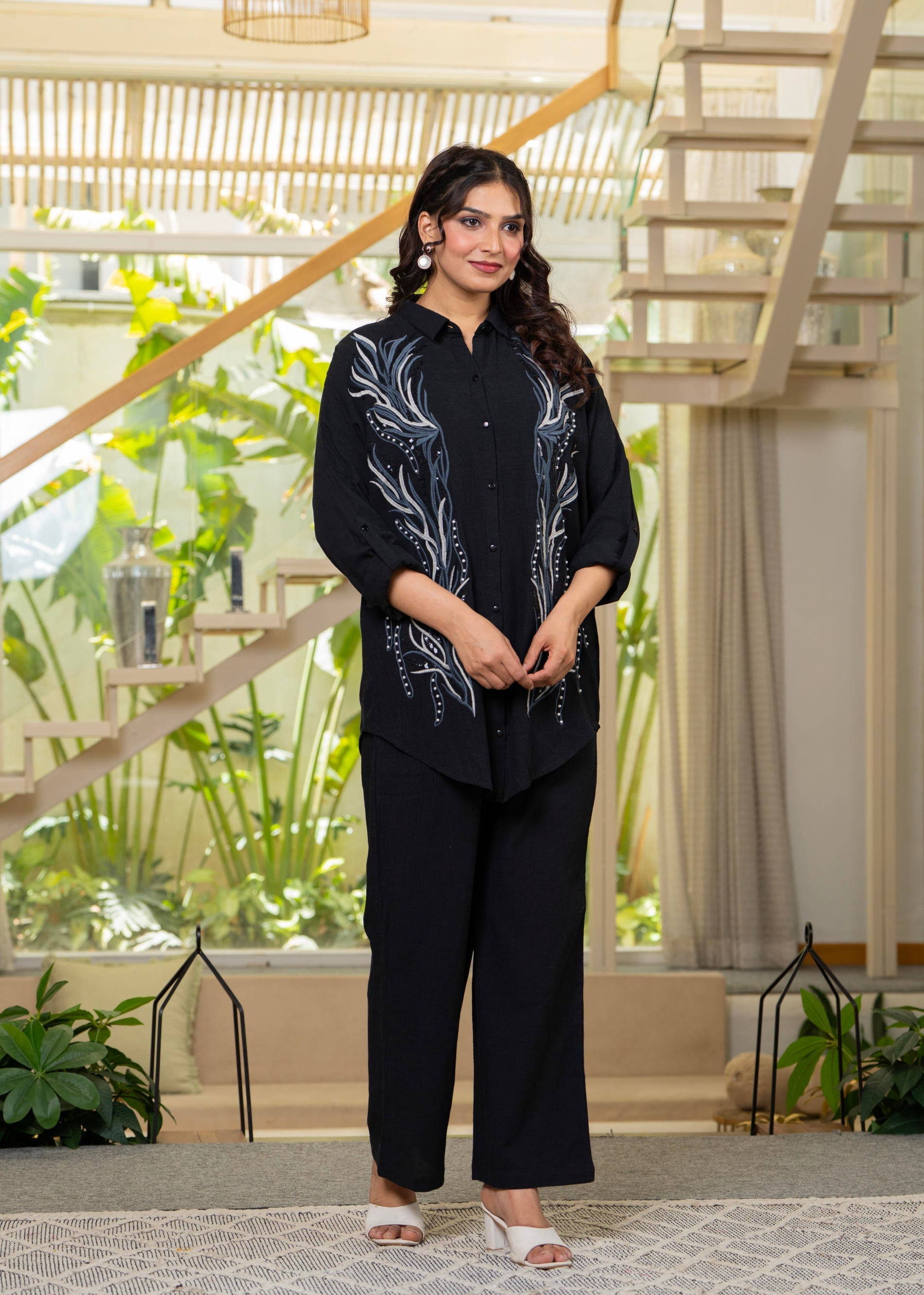 Black Embroidered Viscose Co-ord Set with Beads & Sequin Highlights | 