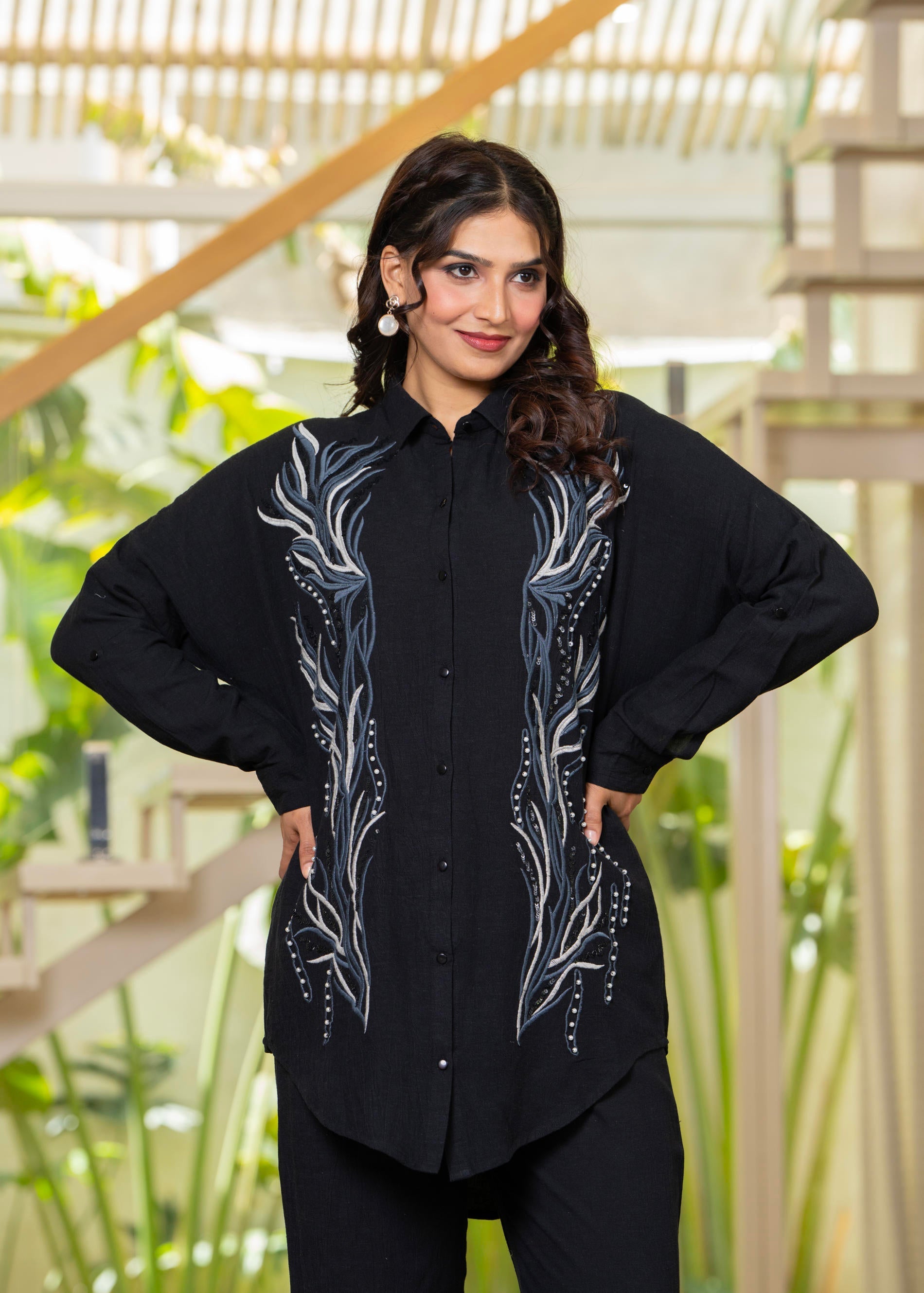 Black Embroidered Viscose Co-ord Set with Beads & Sequin Highlights | 