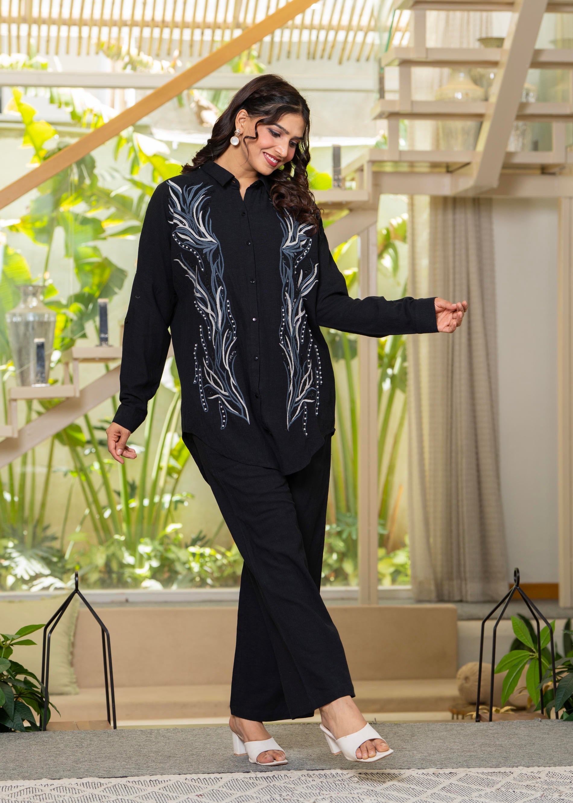 Black Embroidered Viscose Co-ord Set with Beads & Sequin Highlights | 