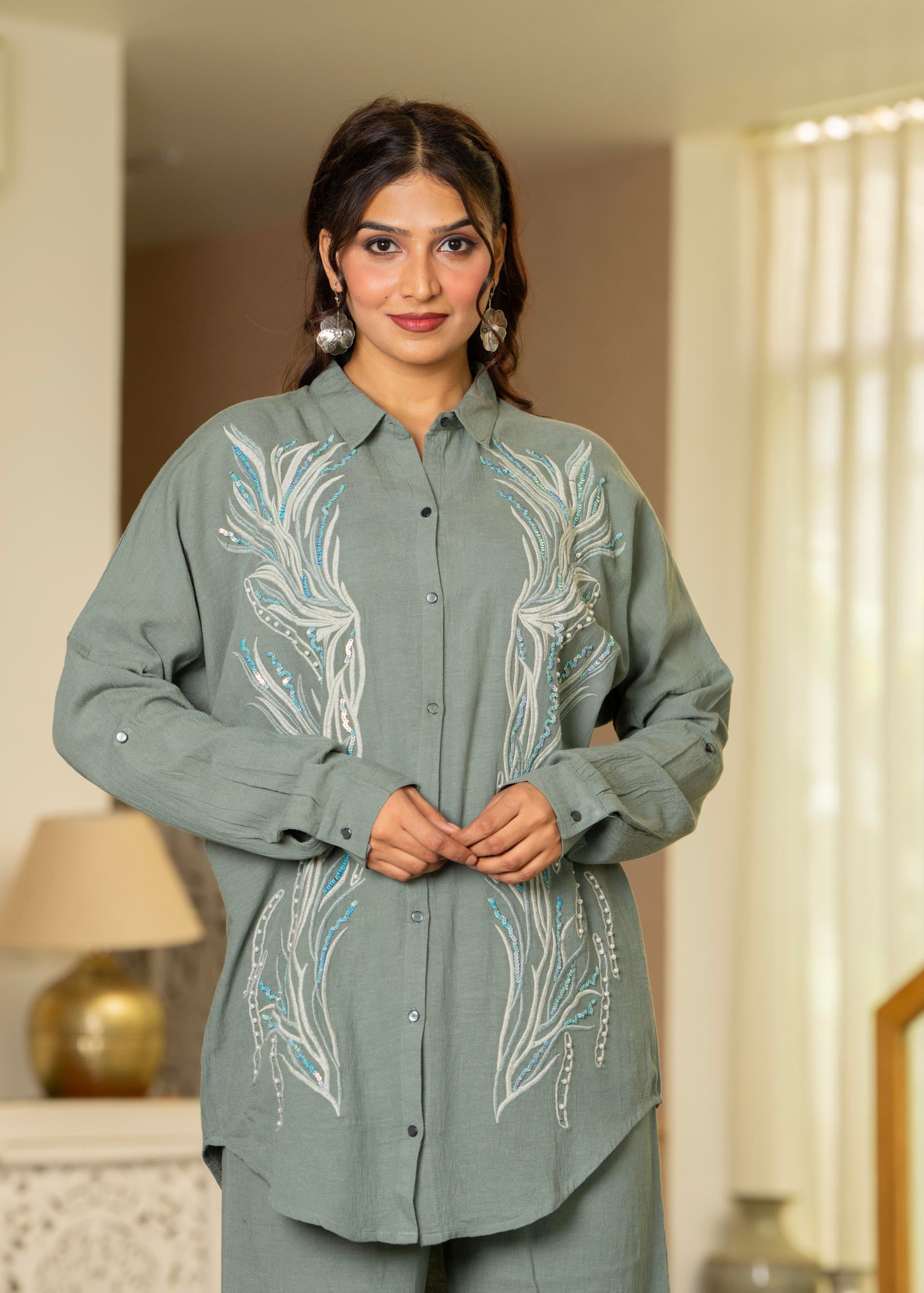 Sage Green Embroidered Viscose Co-ord Set with Beads & Sequin Accents 