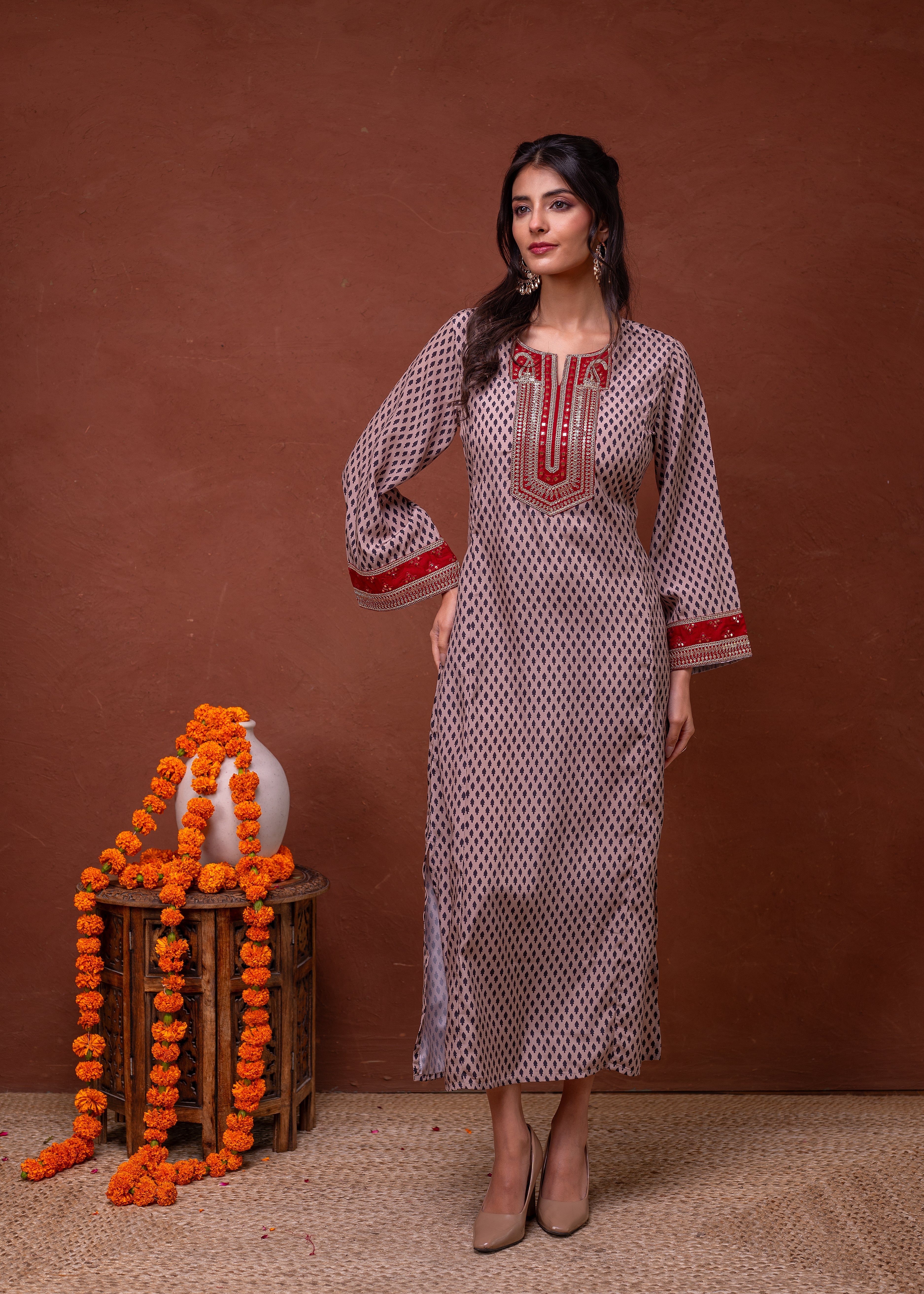 Beige Embroidered A-Line Kurta with Mirror & Thread Work | DesiQlo