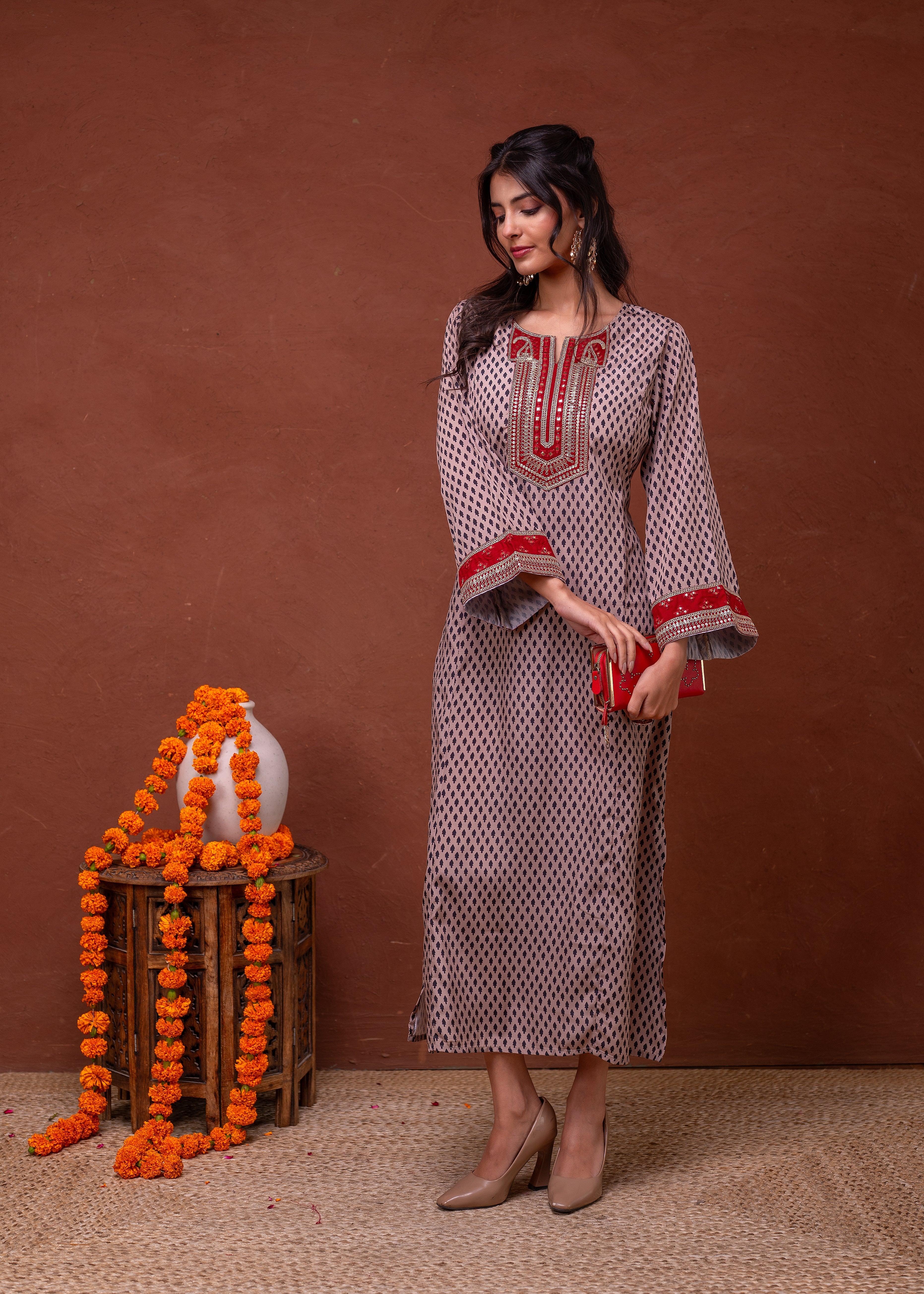 Beige Embroidered A-Line Kurta with Mirror & Thread Work | DesiQlo