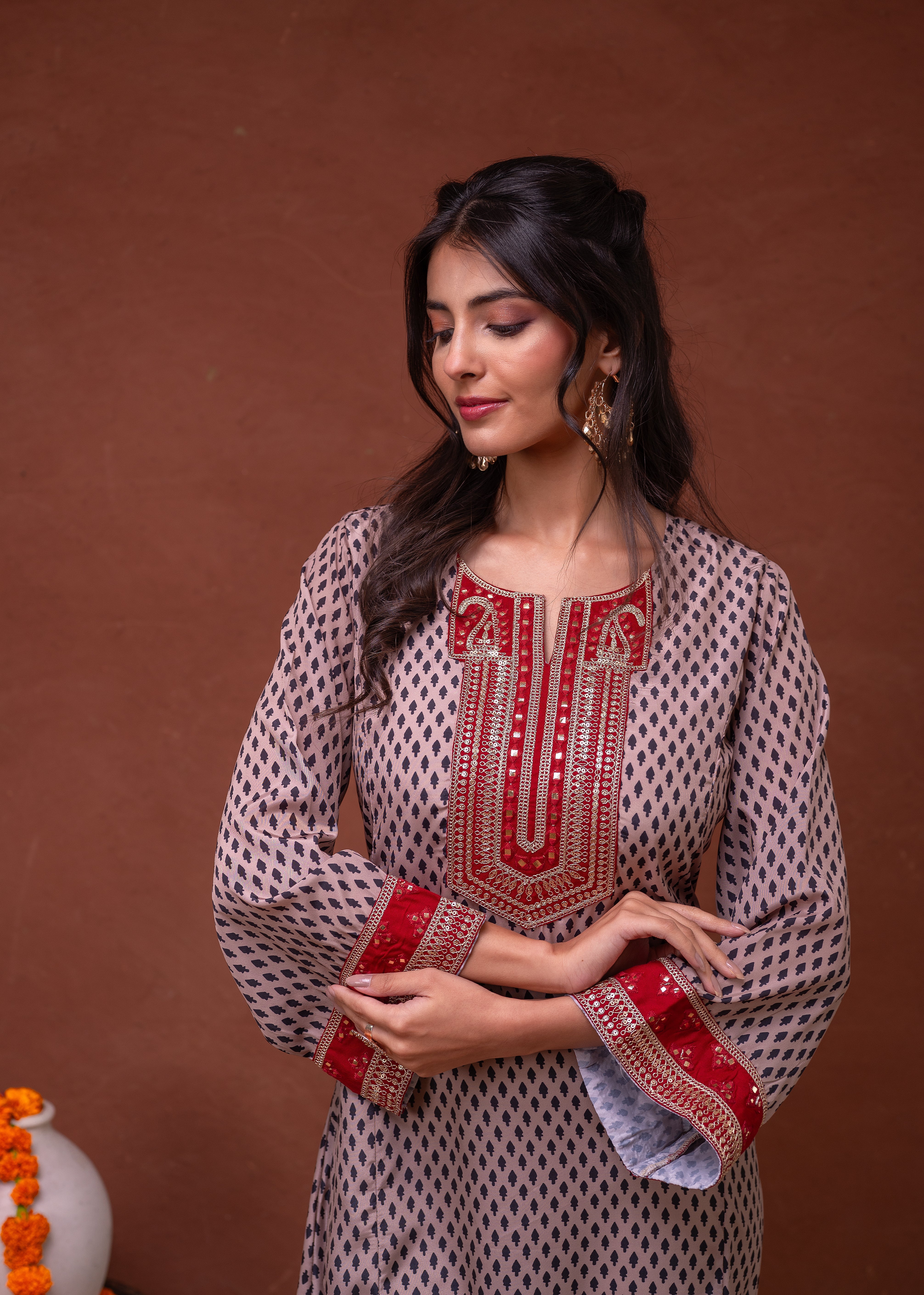 Beige Embroidered A-Line Kurta with Mirror & Thread Work | DesiQlo