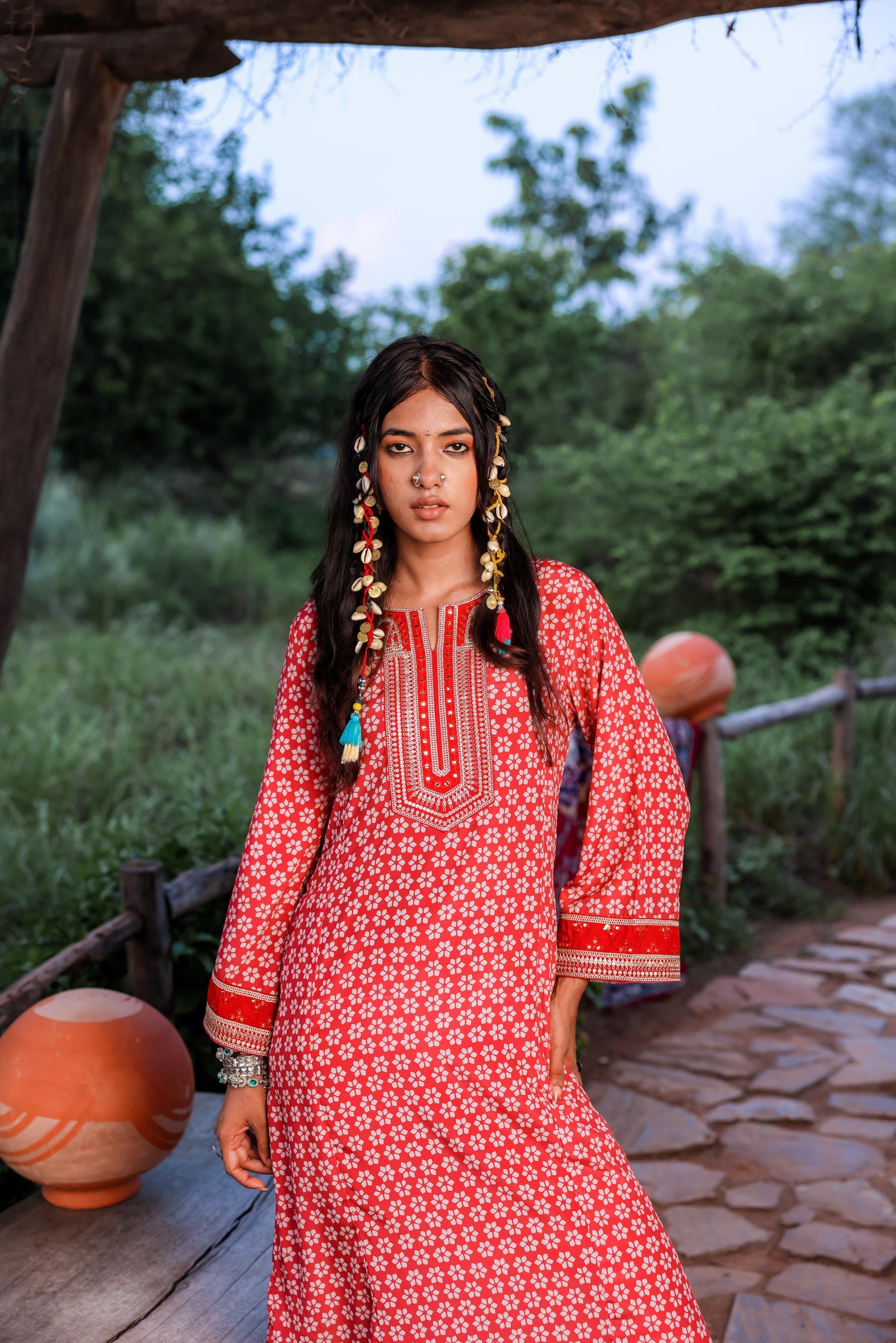 Red Embroidered A-Line Kurta with Mirror & Thread Work