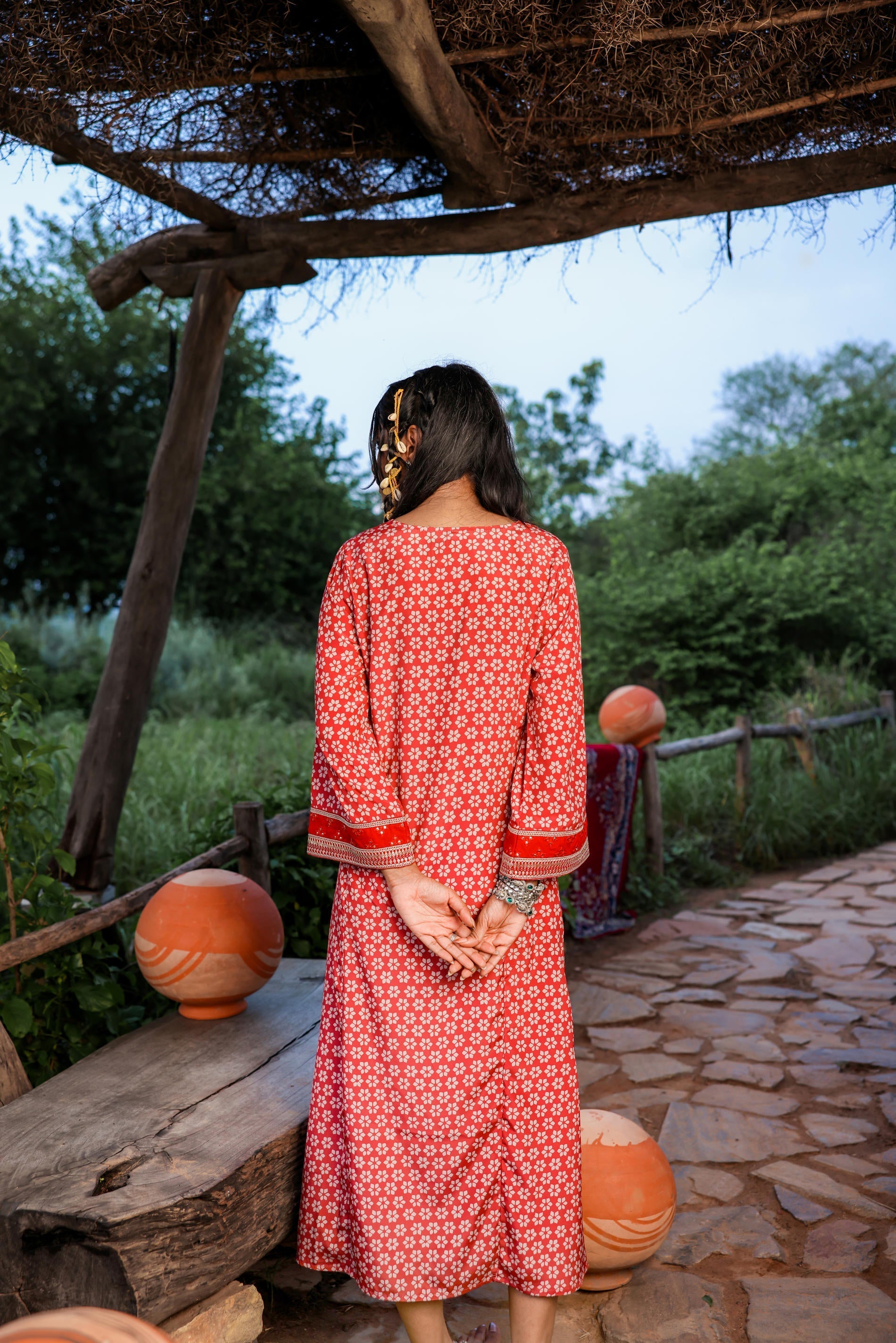 Red Embroidered A-Line Kurta with Mirror & Thread Work