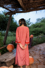 Red Embroidered A-Line Kurta with Mirror & Thread Work