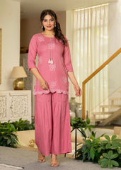 Dustypink Solid Viscose Tunic and Pants Co-ord Set with Thread Work and Sequence