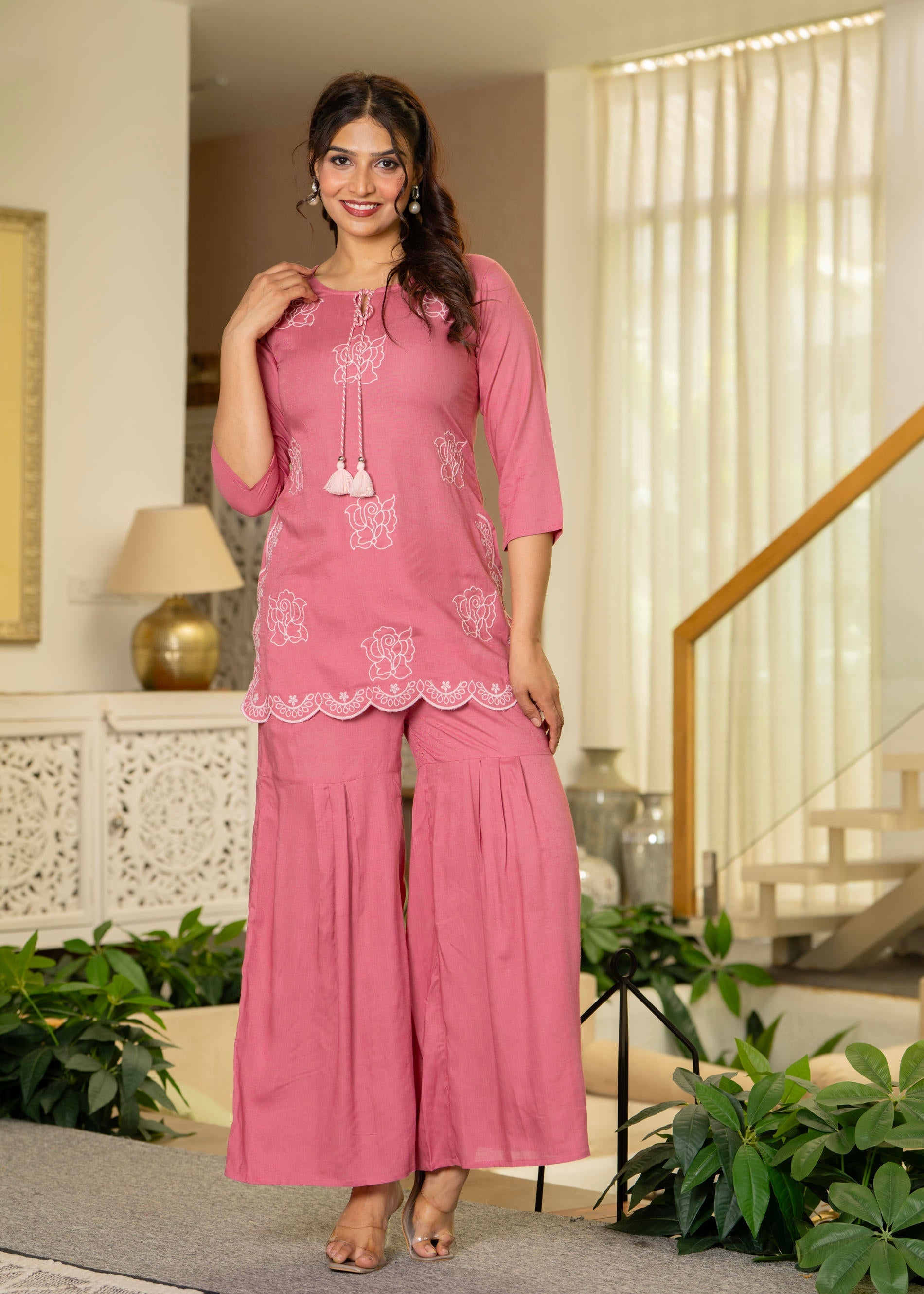Dustypink Solid Viscose Tunic and Pants Co-ord Set with Thread Work an