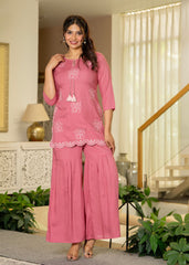 Dustypink Solid Viscose Tunic and Pants Co-ord Set with Thread Work and Sequence