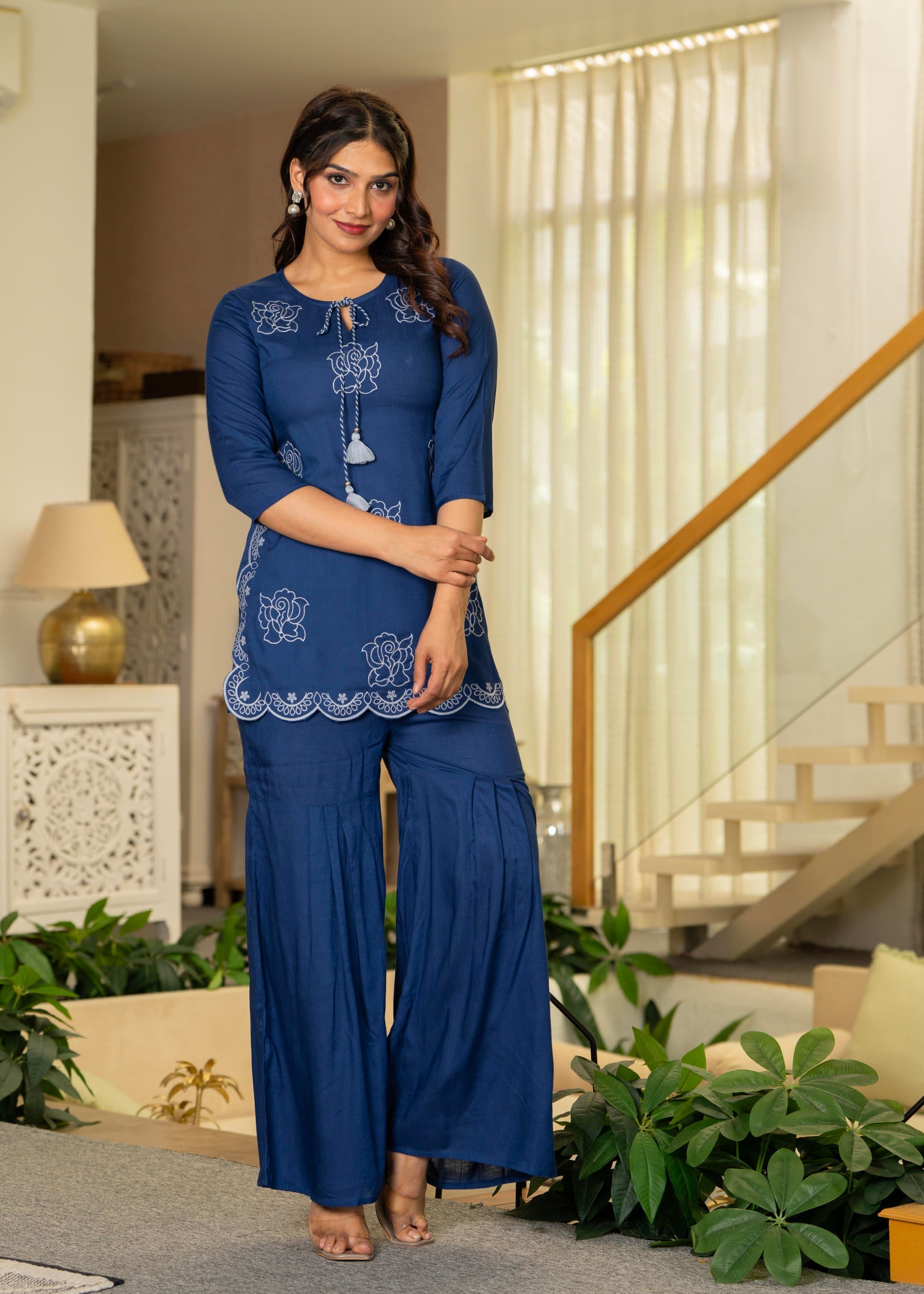 Navy Solid Viscose Tunic and Pants Co-ord Set with Thread Work and Seq