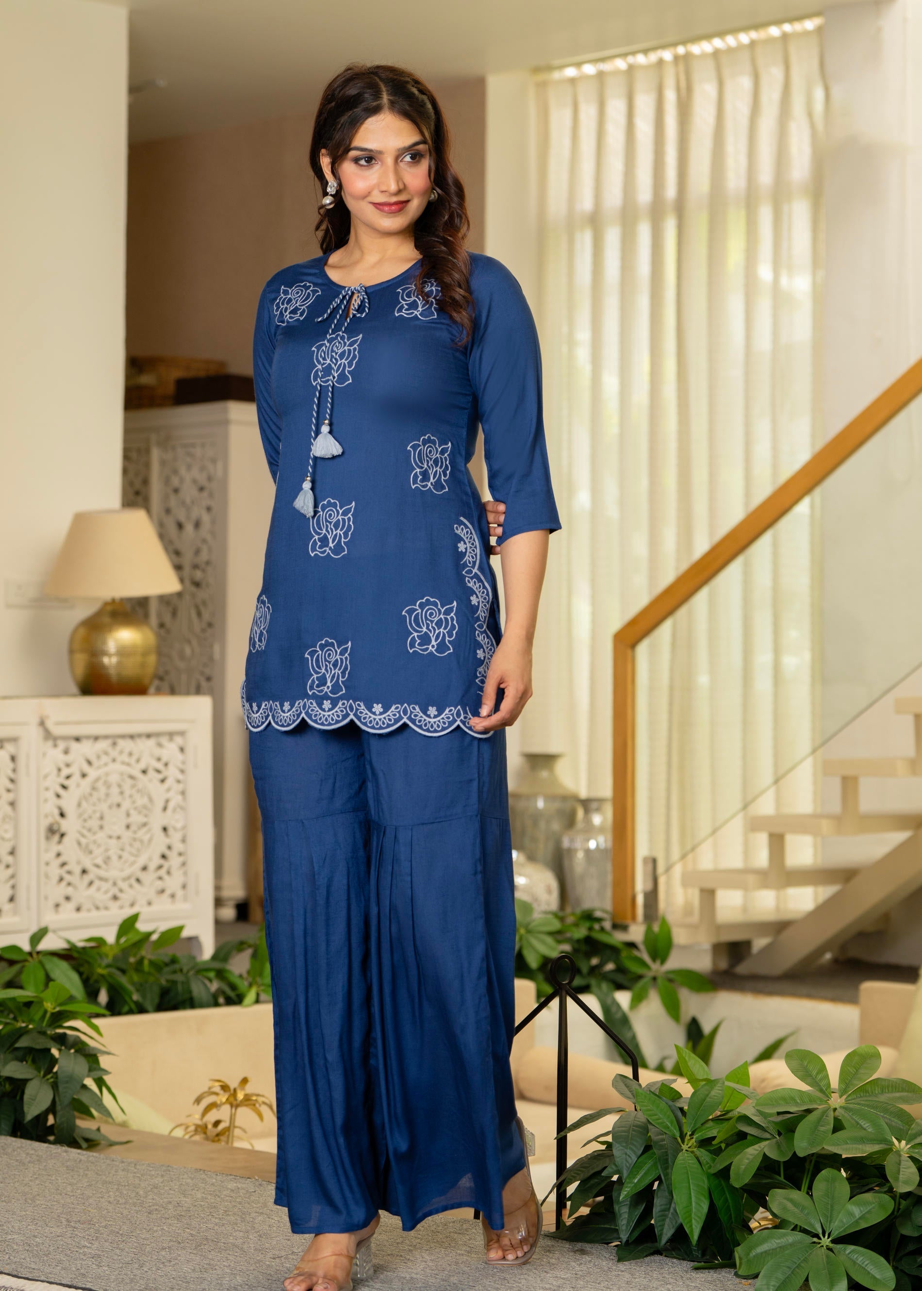 Navy Solid Viscose Tunic and Pants Co-ord Set with Thread Work and Seq