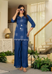 Navy Solid Viscose Tunic and Pants Co-ord Set with Thread Work and Sequence
