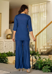 Navy Solid Viscose Tunic and Pants Co-ord Set with Thread Work and Sequence