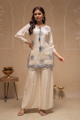 Offwhite Solid Viscose Tunic and Pants Co-ord Set with Thread Work and Sequence