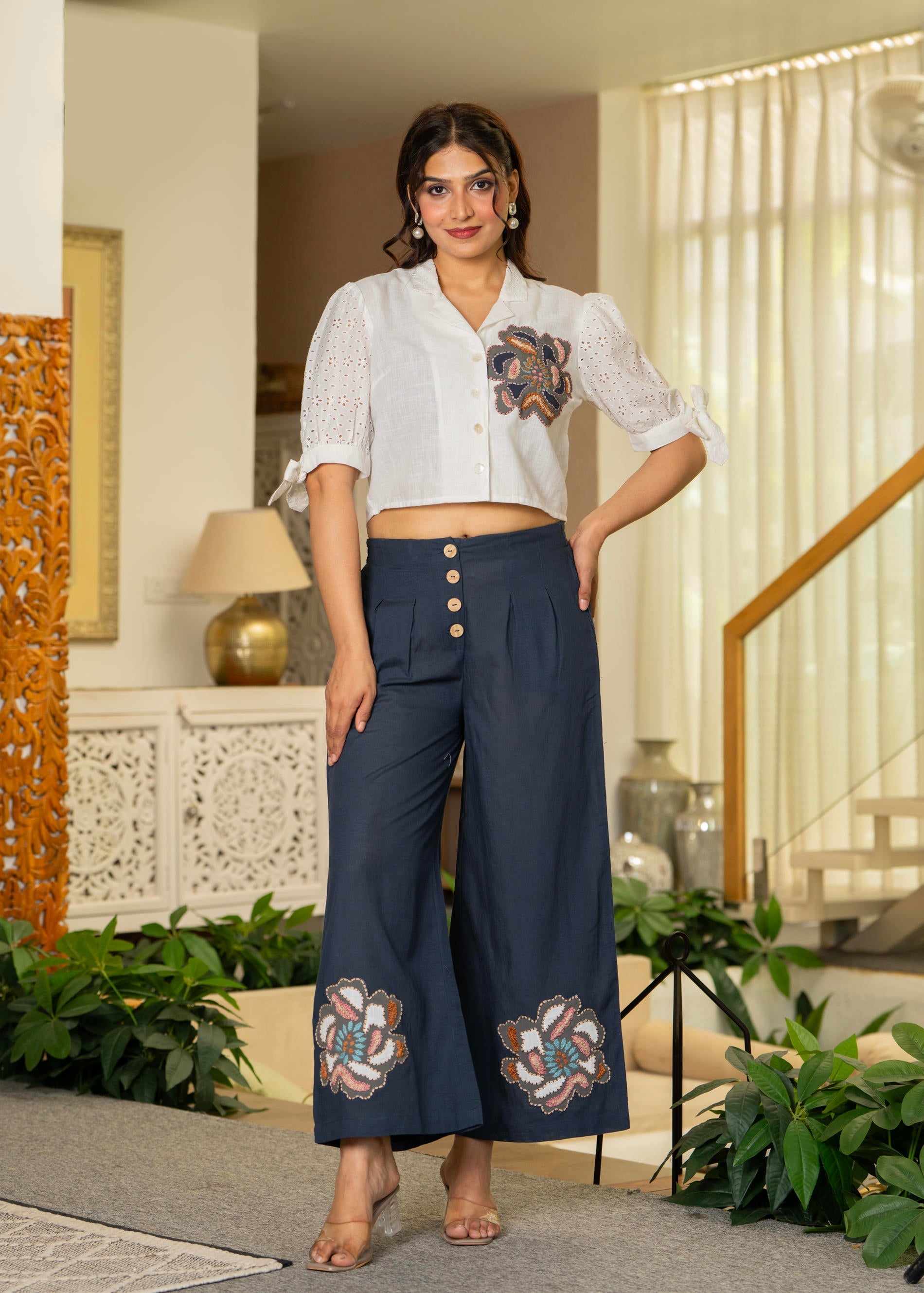 White & Teal Cotton-Viscose Embroidered Co-ord Set with Thread Work & 