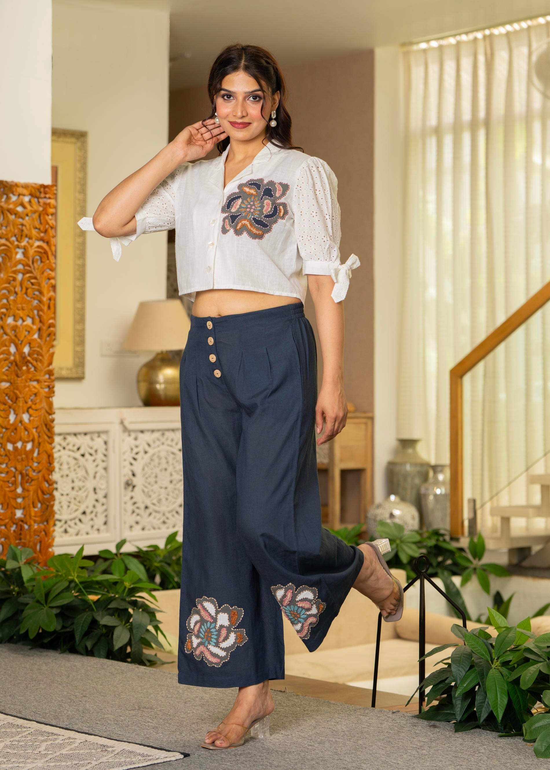 White & Teal Cotton-Viscose Embroidered Co-ord Set with Thread Work & 