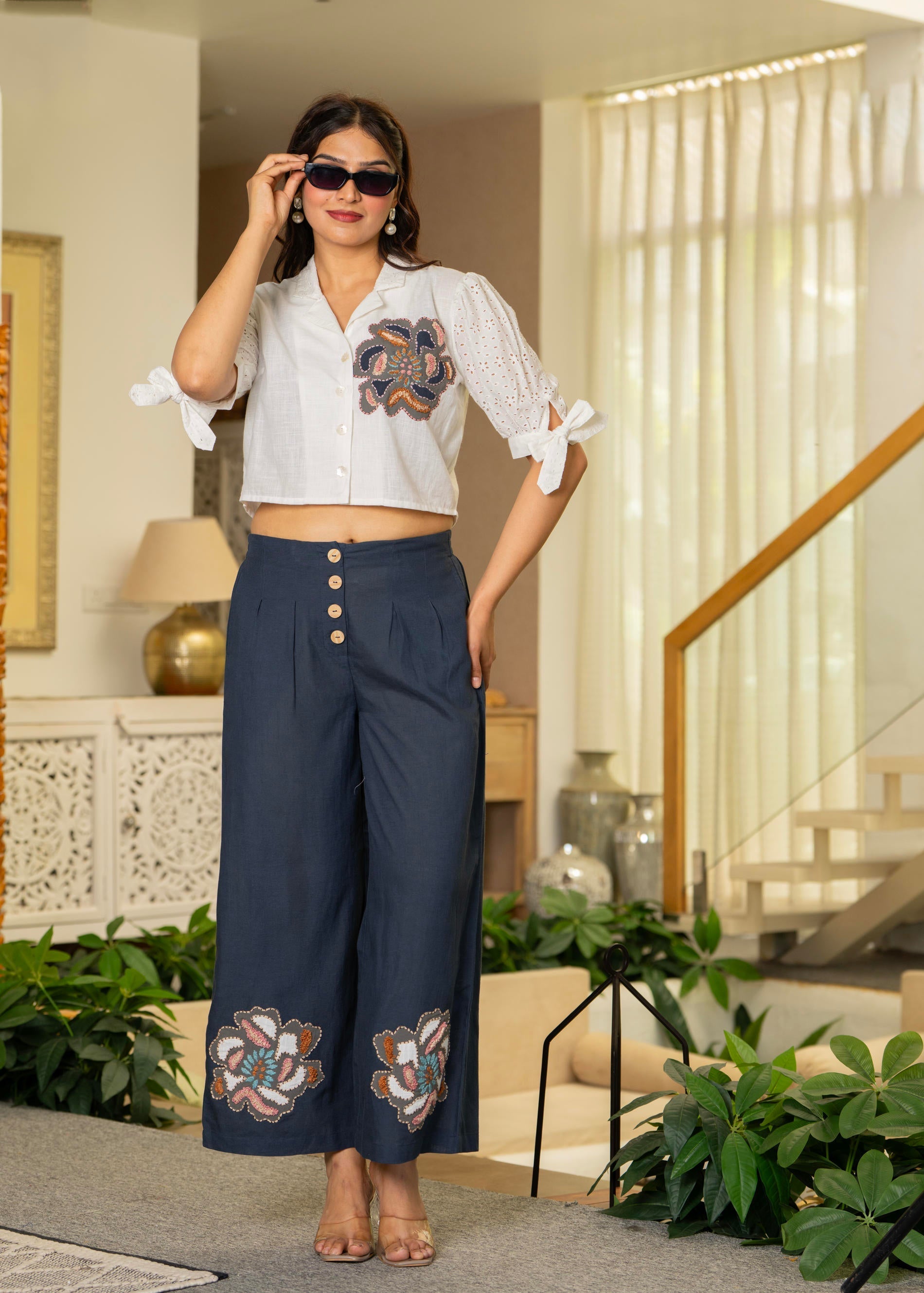 White & Teal Cotton-Viscose Embroidered Co-ord Set with Thread Work & 