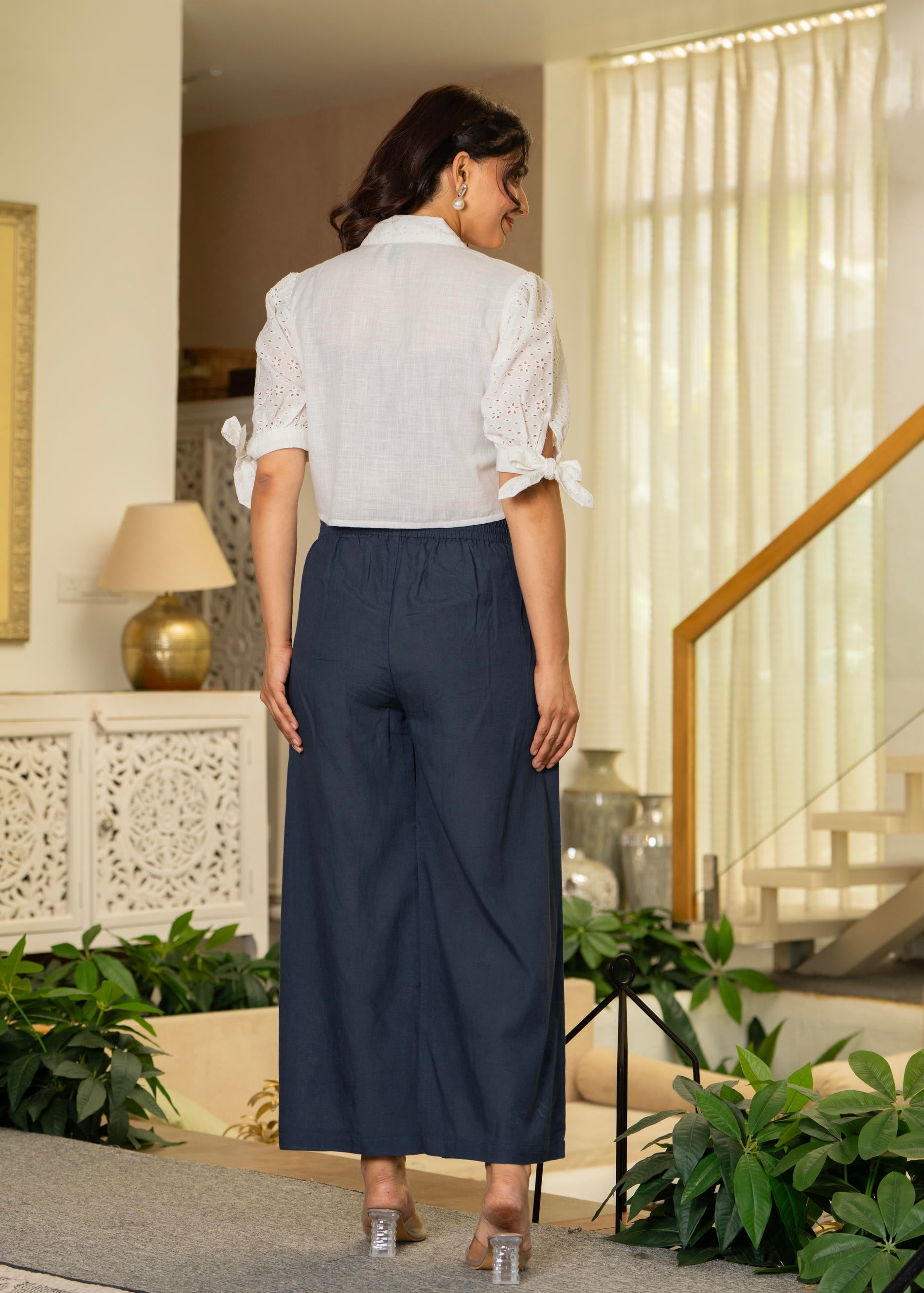 White & Teal Cotton-Viscose Embroidered Co-ord Set with Thread Work & 