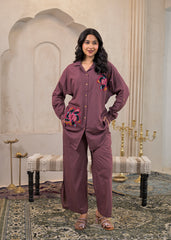 Viscose Linen Mauve Embroidered Top and Pant Co-Ord Set with Thread Work