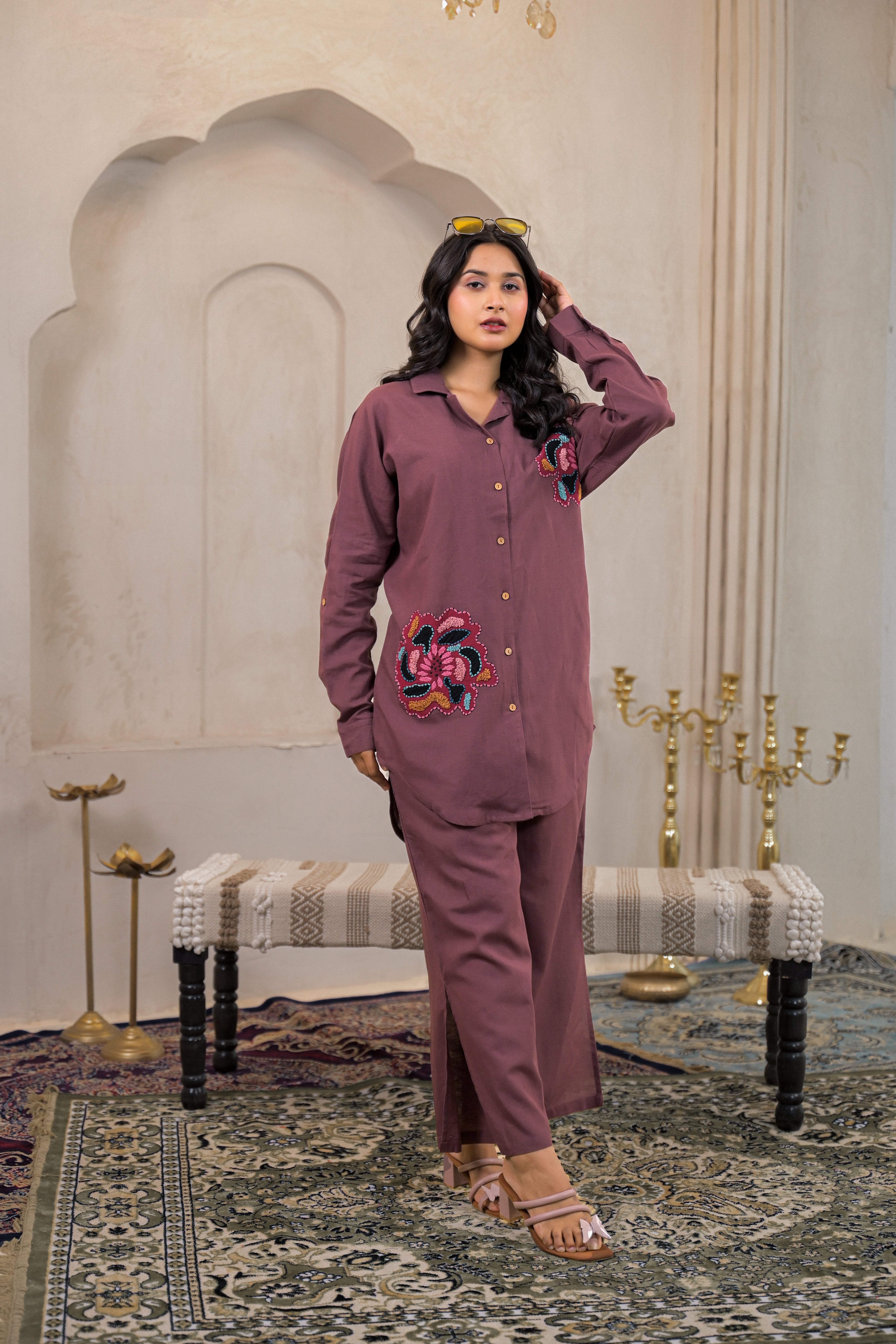 Viscose Linen Mauve Embroidered Top and Pant Co-Ord Set with Thread Wo