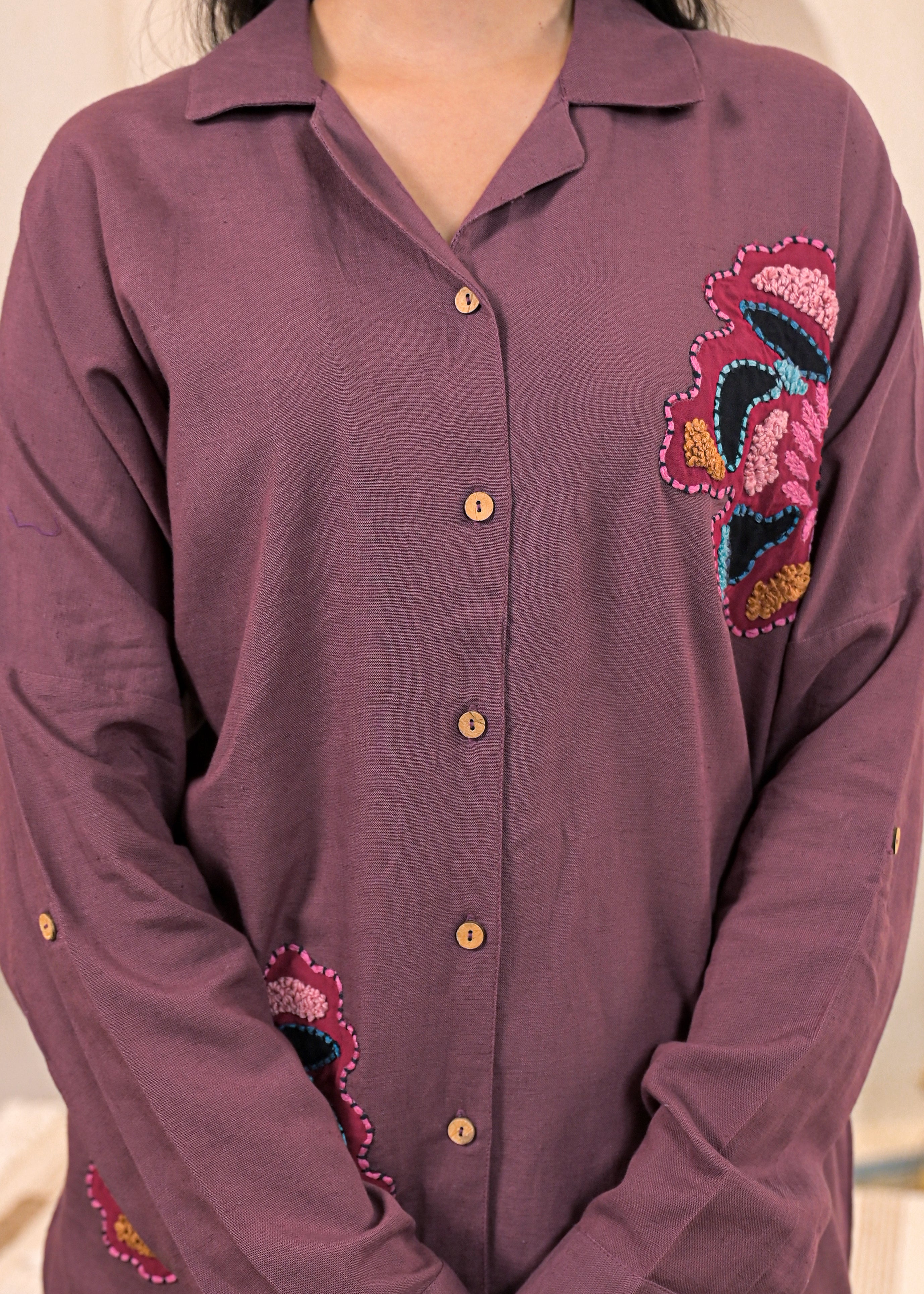 Viscose Linen Mauve Embroidered Top and Pant Co-Ord Set with Thread Wo